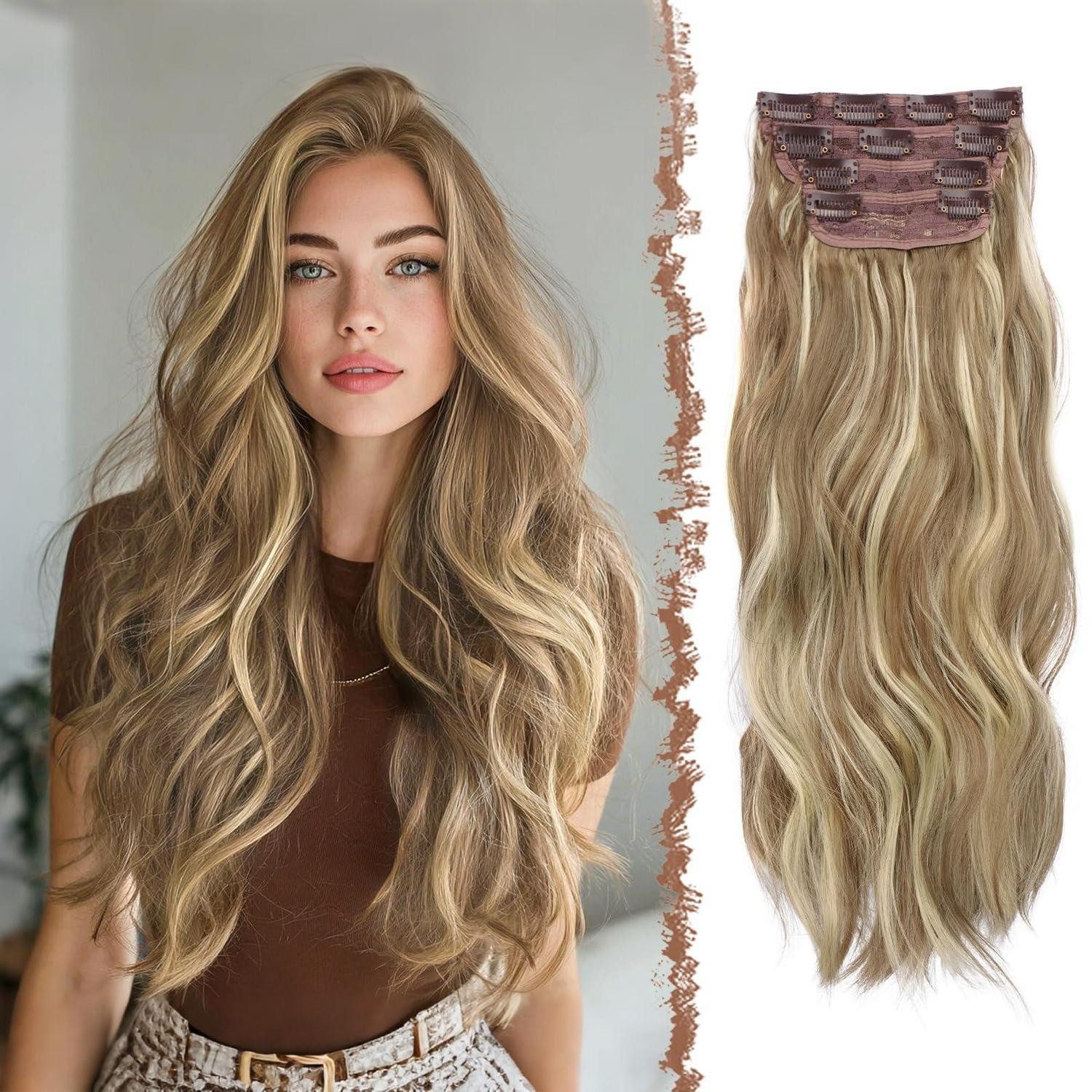 LuxusKollektion Kunsthaar-Extension Clip in Extensions 60cm 4 Stücke Synthetik 18H88# Bahama Beige 60 cm