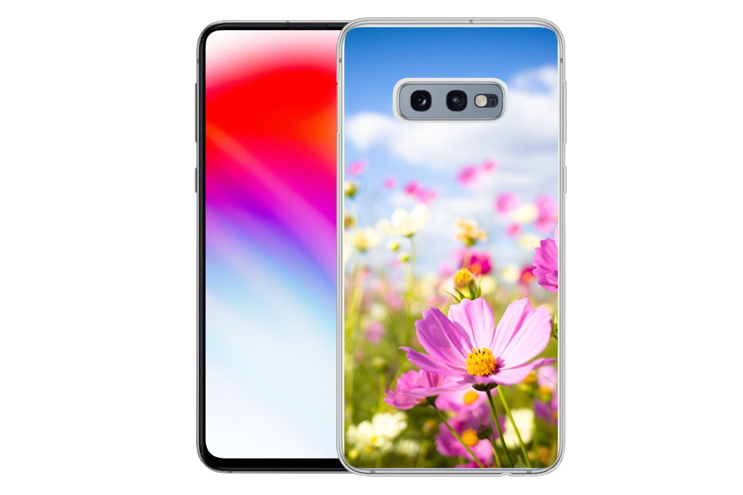 MuchoWow Handyhülle für Samsung Galaxy S10e Blumen - Wiese - Lila - Gras - Weiß - Wolken -, Phone Case, Silikon, Schutzhülle Dünn