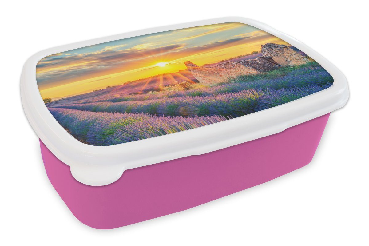 MuchoWow Lunchbox Lavendel - Sonnenuntergang - Ruine - Lila, Kunststoff, (2-tlg), Brotbox für Erwachsene, Brotdose Kinder, Snackbox, Mädchen, Kunststoff rosa