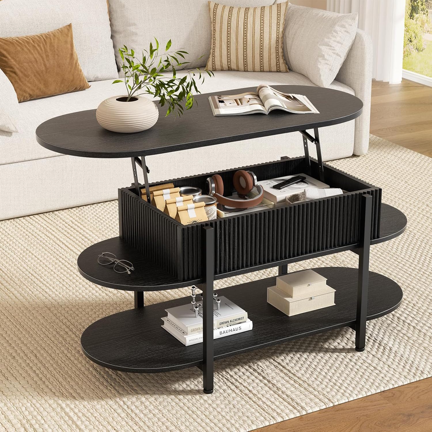 FABATO Couchtisch oval, höhenverstellbar mit verstecktem Stauraum, 3-Etagen-Design (1-St), 105.9×45×50-63.5cm, schwarz