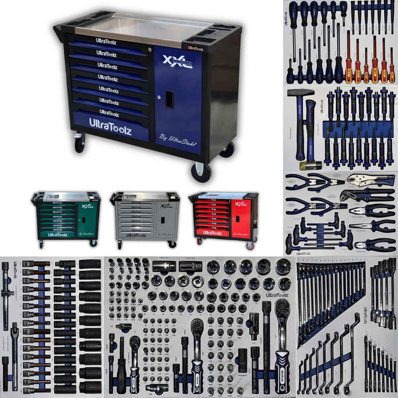 UltraToolz Werkstattwagen Werkstattwagen befüllt mit Werkzeug 6/7 und großem Seitenfach, Blau