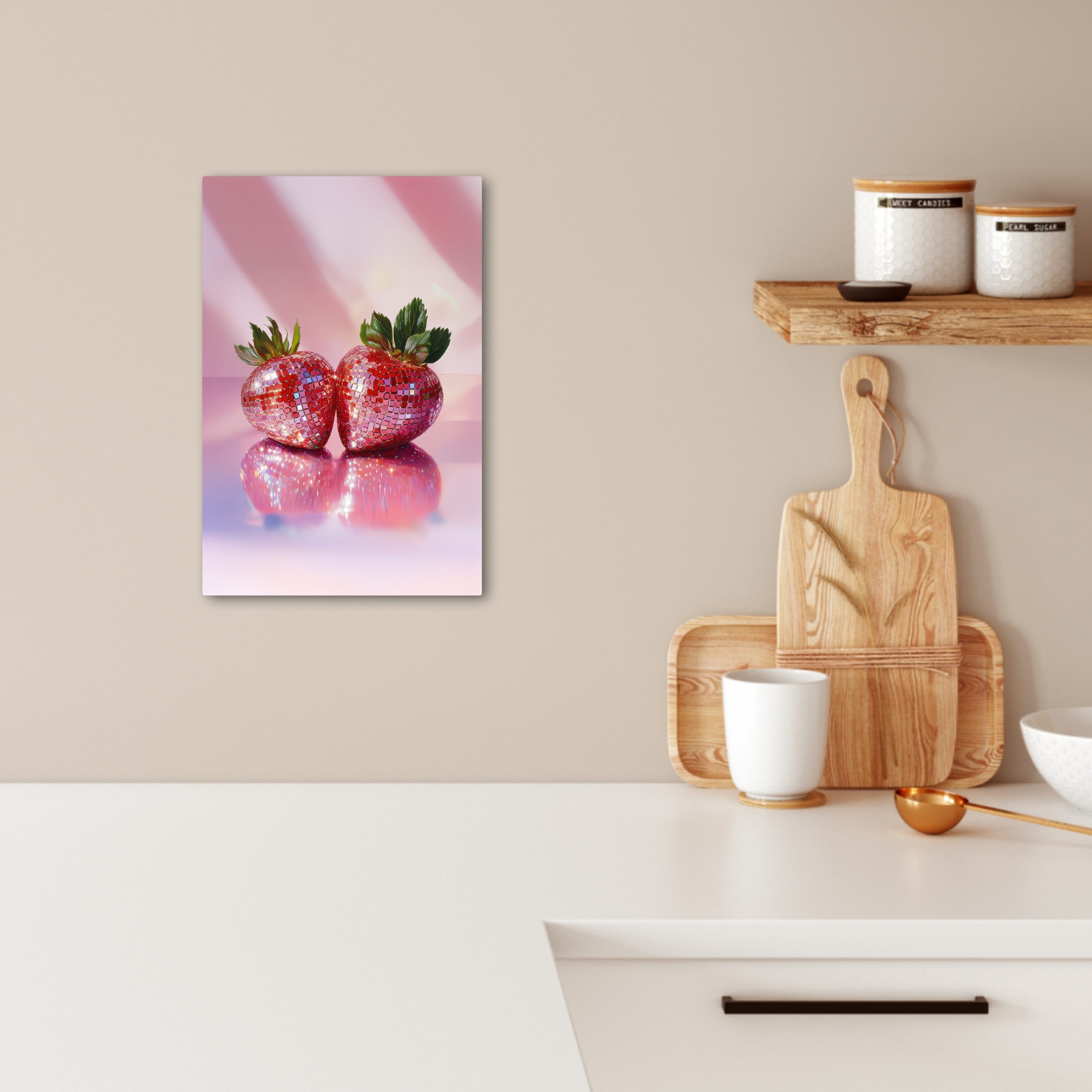 OneMillionCanvasses® Leinwandbild Disco - Obst - Glitzer - Erdbeere, Fotodruck (1 St), Wandbilder für Esszimmer, Wanddeko Bilder Küche 20x30 cm