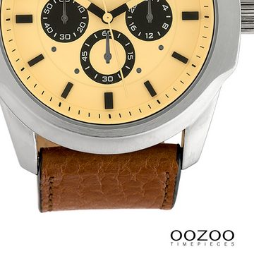 OOZOO Quarzuhr Oozoo Damen Armbanduhr Timepieces Analog, Damenuhr rund, extra groß (ca. 48mm) Lederarmband braun