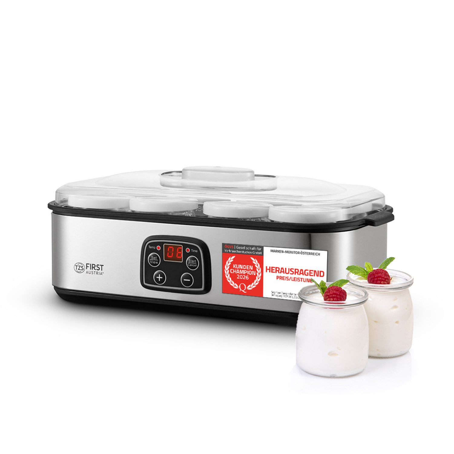 TZS FIRST AUSTRIA Joghurtbereiter Elektischer Joghurtbereiter, Joghurt Maker, 25 W, 8 Gläser, 190 ml, LCD-Display, Temperatureinstellung, Timer- und Auto-Stop-Funktion