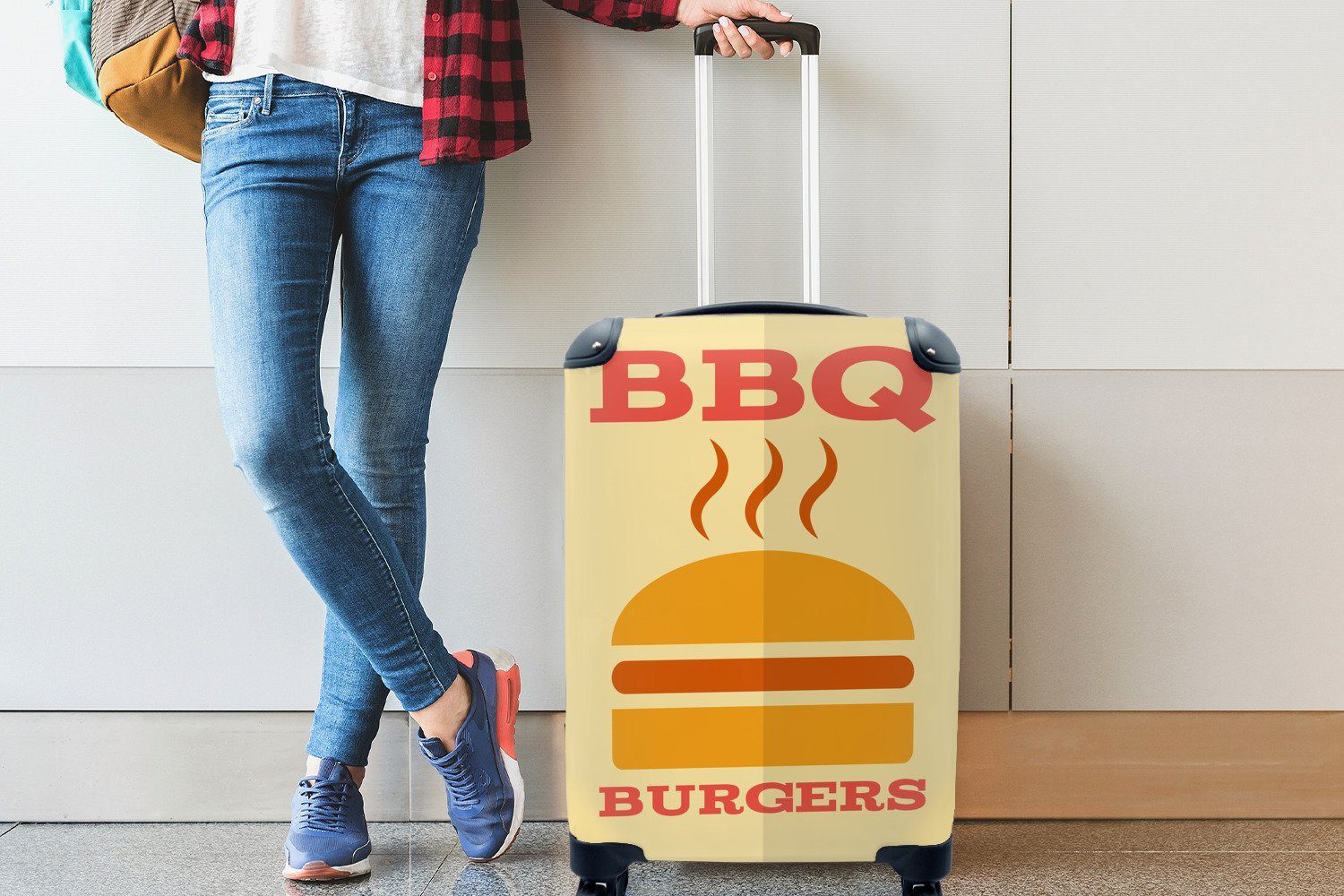 Handgepäckkoffer für mit Trolley, mit Barbecue einem Rollen, Burger, Reisetasche MuchoWow Ferien, 4 Reisekoffer Handgepäck rollen, Illustration