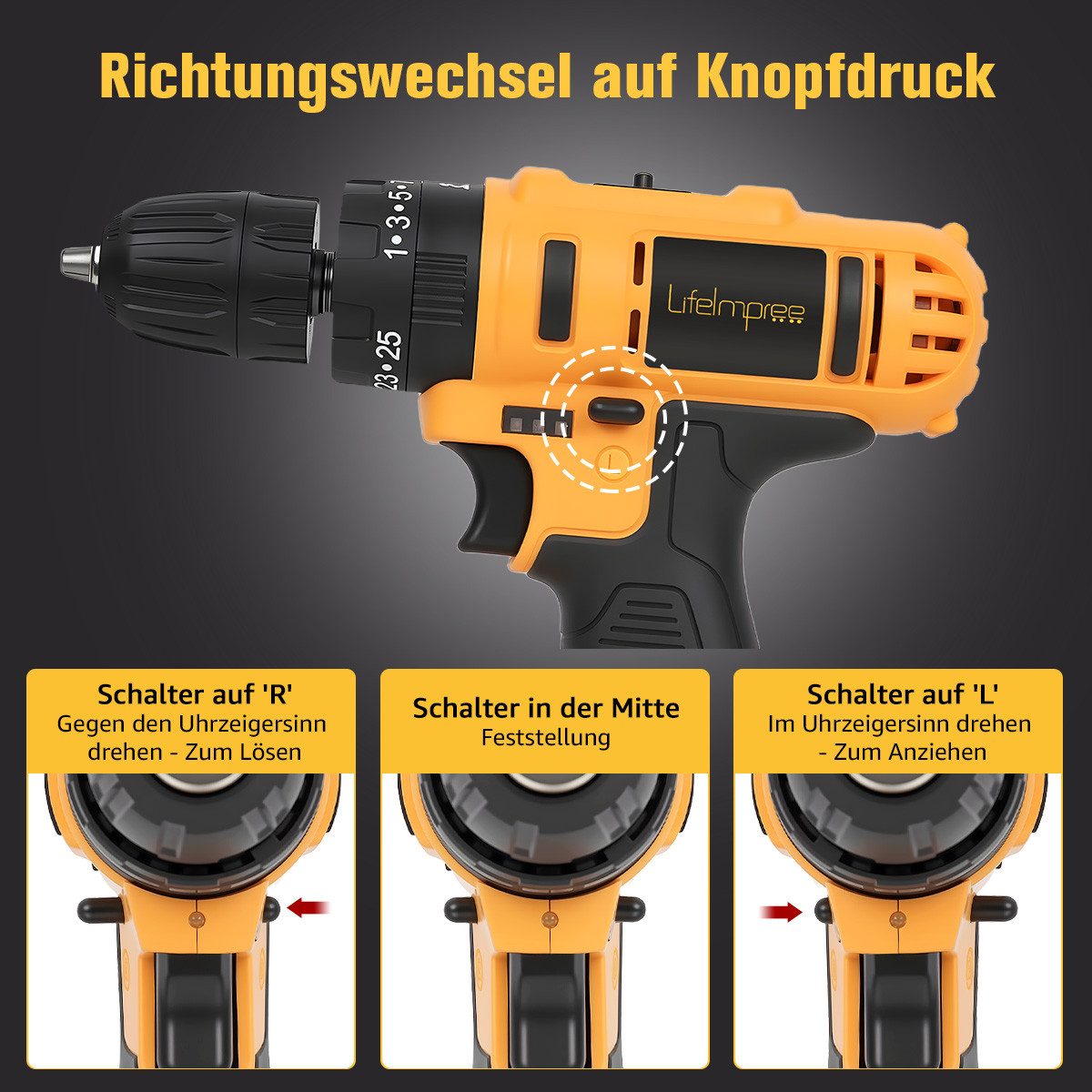 LifeImpree Akku-Bohrschrauber 21V Akkuschrauber Set, Akkubohrer mit 108PCS Werkzeugkoffer, max. 1850 U/min, 45 N.m Max, mit 2 x 1500mAh Akkus, 2 Gang, 25+3 Drehmomentstufen
