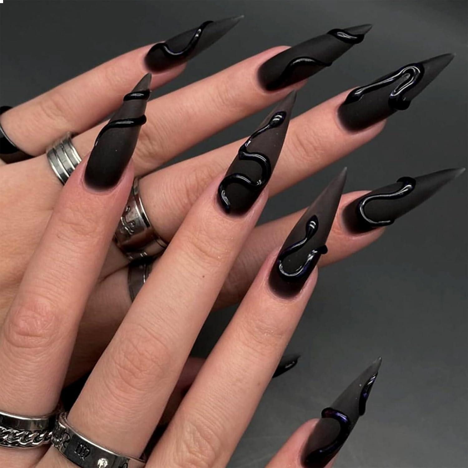 LuxusKollektion Kunstfingernägel 24 Stück Lange Stiletto Schwarze Matt Nagel Kunst Falsche Nägel mit 3D
