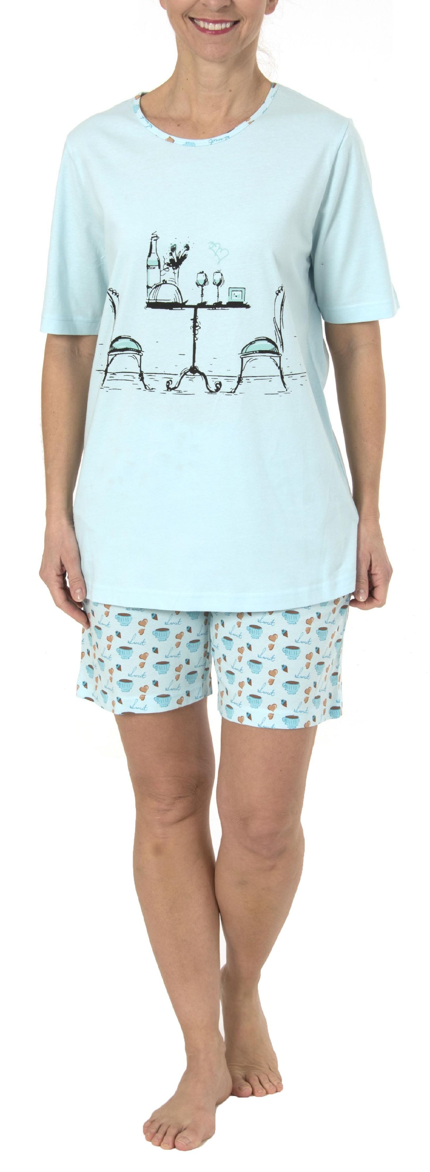 Pyjama Damen Shorty Schlafanzug kurzarm mit verspielten Motiv