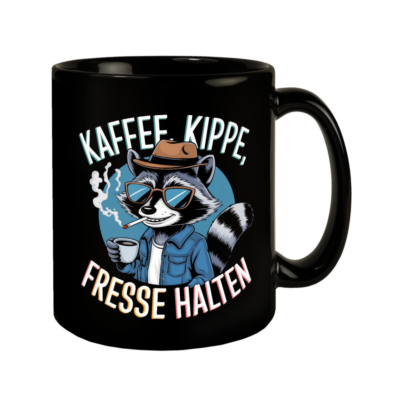 Tasse Kaffee, Kippe, Fresse Halten Tasse mit coolem Waschbär