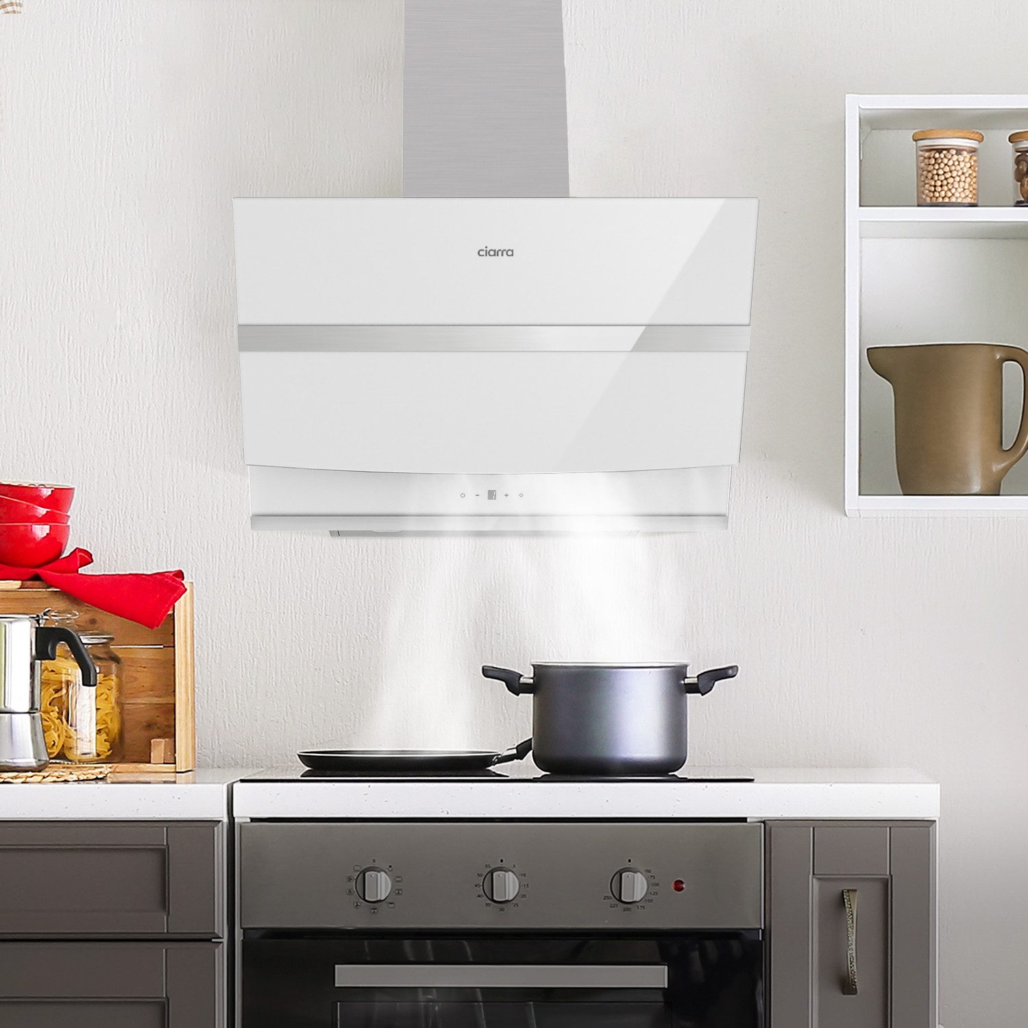 CIARRA Kopffreihaube 60cm Dunstabzugshaube 650 m³/h Wlan -APP & Touch Control Serie CA6736NB CA6736NW 60cm Dunstabzugshaube 650 m³/h Wlan -APP & Touch Control, 4 Sufen Inkl. BOOST Schräghaube Leise 5-Minuten-Nachlaufschaltung