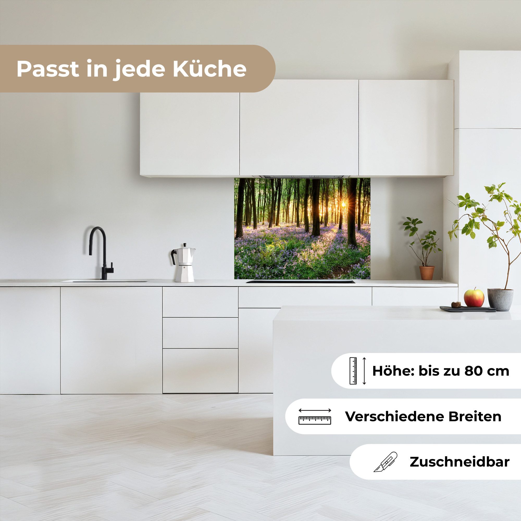 KitchenYeah Küchenrückwand selbstklebend Wald - Blumen - Lavendel - Sonne - Lila - Natur, (1-tlg), Spritzschutz, Küche, Rückwand, Küchenwand, Küchenfront, 80x60 cm