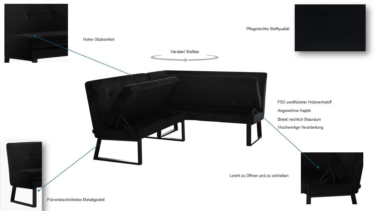 OTTO home Eckbank Geranie, Sitzbank, Essbank, pflegeleichter Strukturstoff, Eckbank inkl. Stauraum, Pulverbeschichtetes Metallgestell