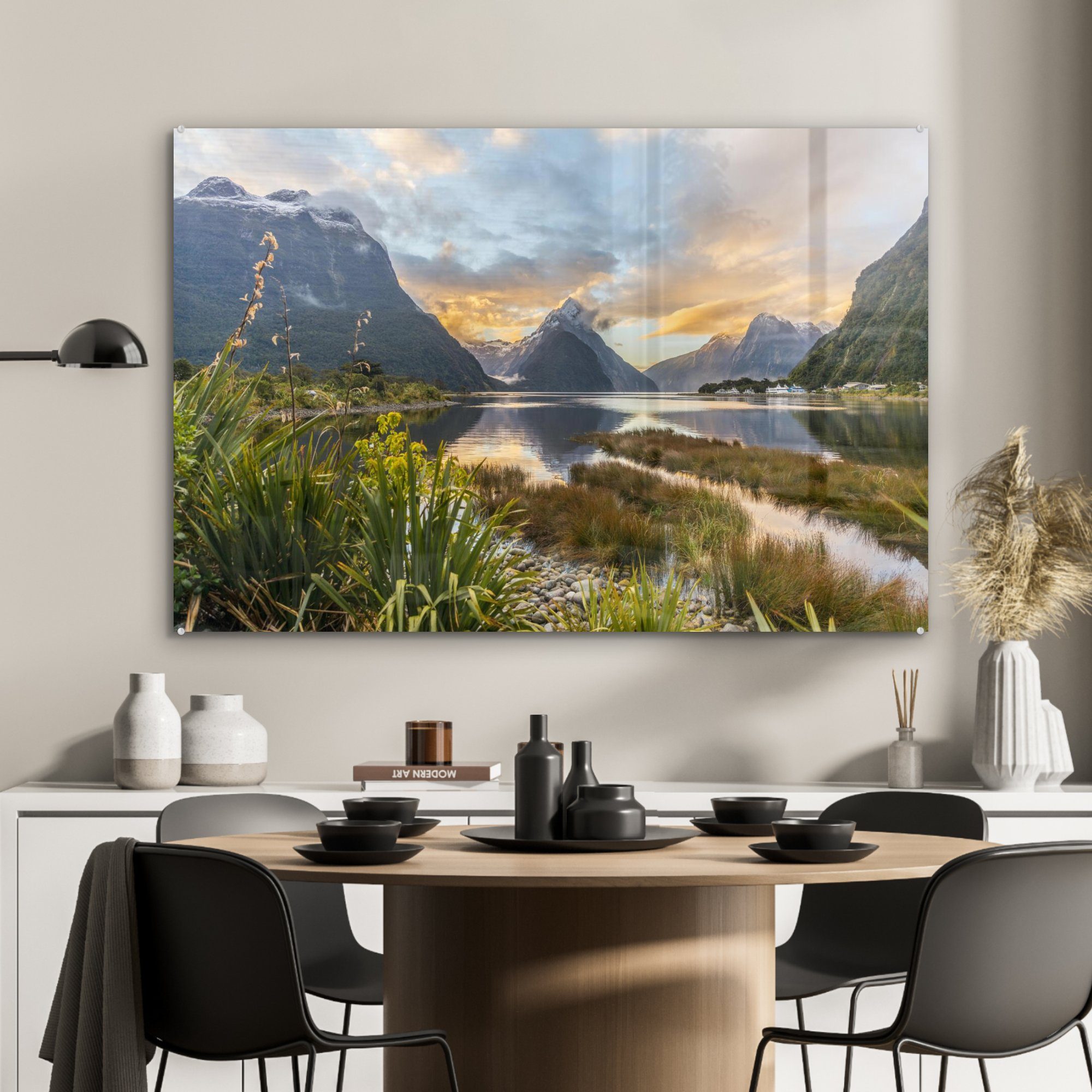 Acrylglasbilder - MuchoWow St), Acrylglasbild (1 Berge Wasser, Neuseeland Schlafzimmer Wohnzimmer & -
