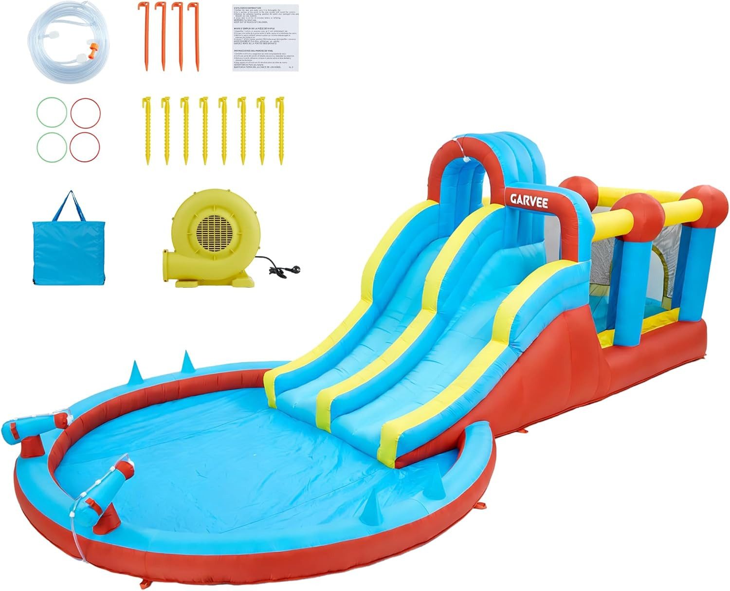 GarveeMore Hüpfburg XXL mit Wasserrutsche Hüpfburg Outdoor Wasserrutsche, Aufblasbarer Kinderpool mit Rutsche & Kletterwand, für Innen & Außen