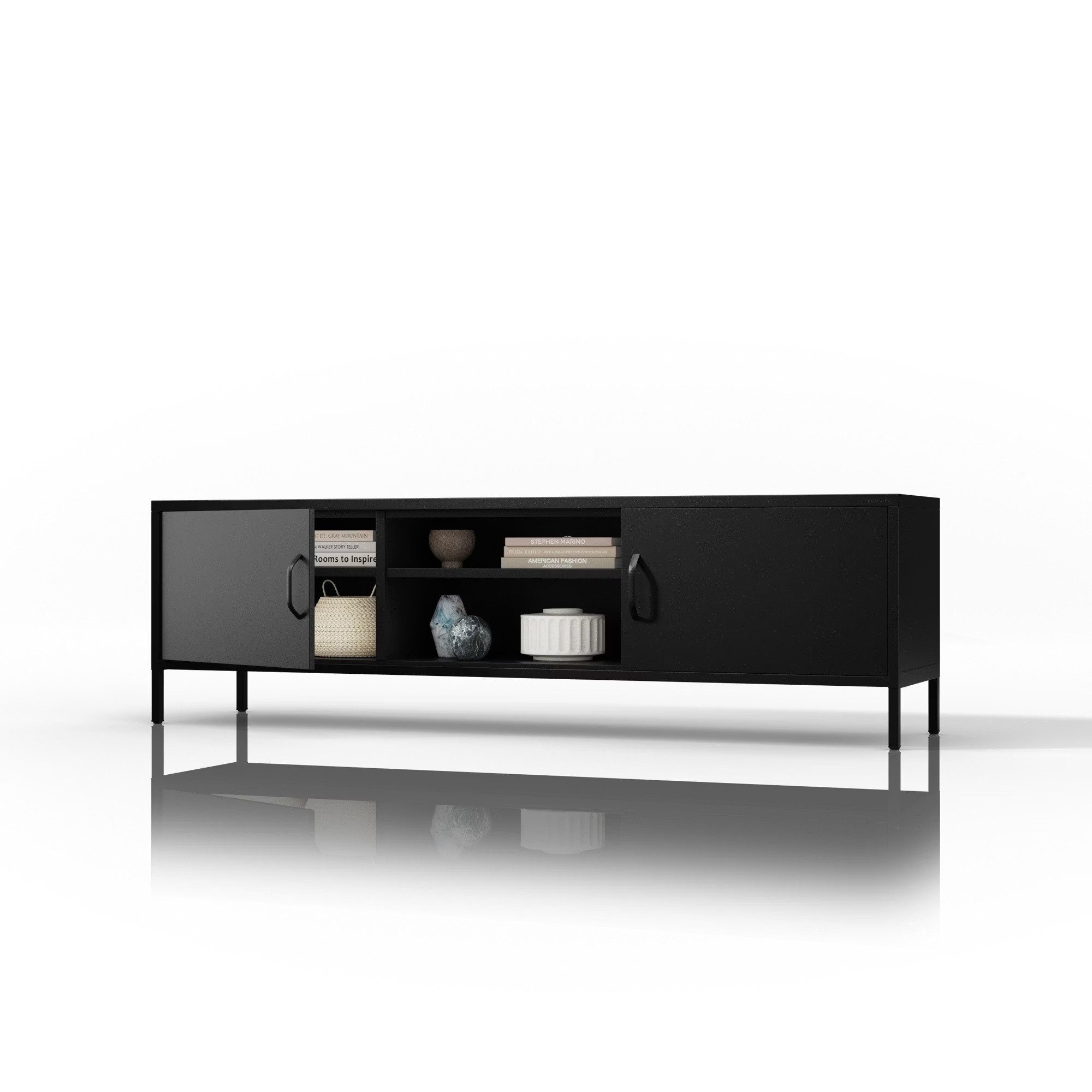 Jan Nowak Lowboard ROSARIA TV-Schrank XL Metall Stahl 170x40x50cm 2 Türen (Stahl 0,6mm, 2 Türen, offene Nische, Kabeldurchführung 50mm), Kabelführung Stahlbeine Modern Wohnzimmer