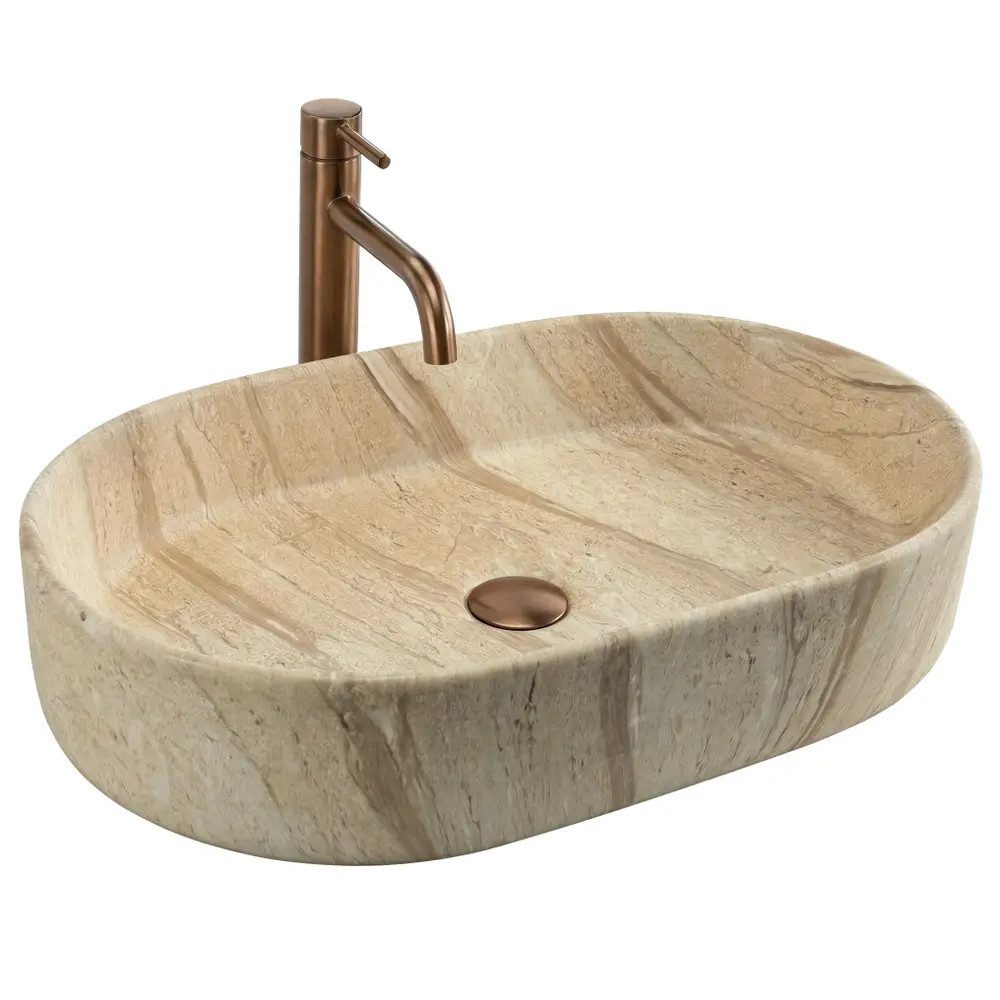wohnwerk.idee Aufsatzwaschbecken Waschbecken Steinoptik Beige Oval Naturstein Look Bad Waschschale