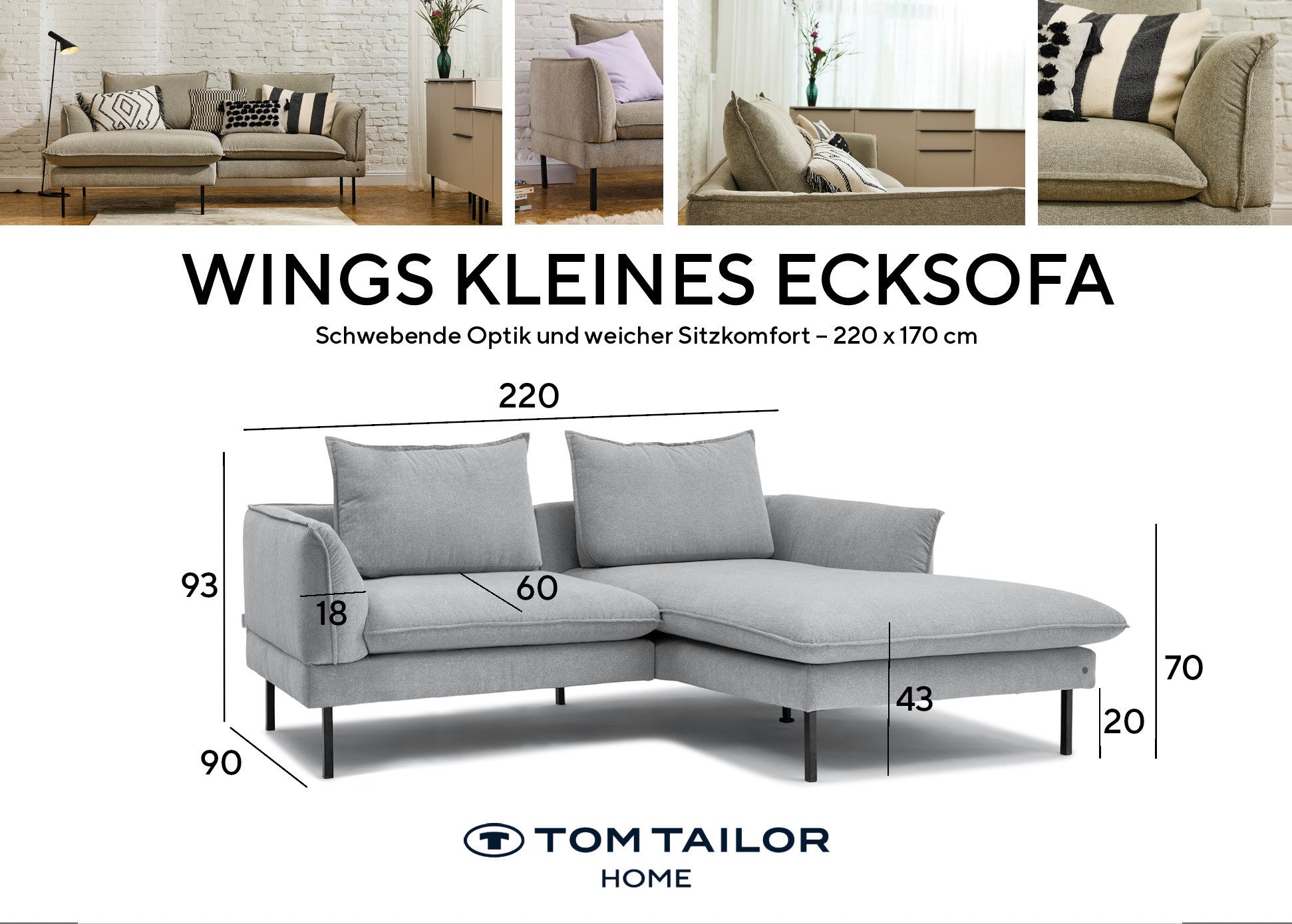 TOM TAILOR HOME Ecksofa WINGS mit leichter, schwebender Optik, stabile Metallfüße und weiche Kissenoptik