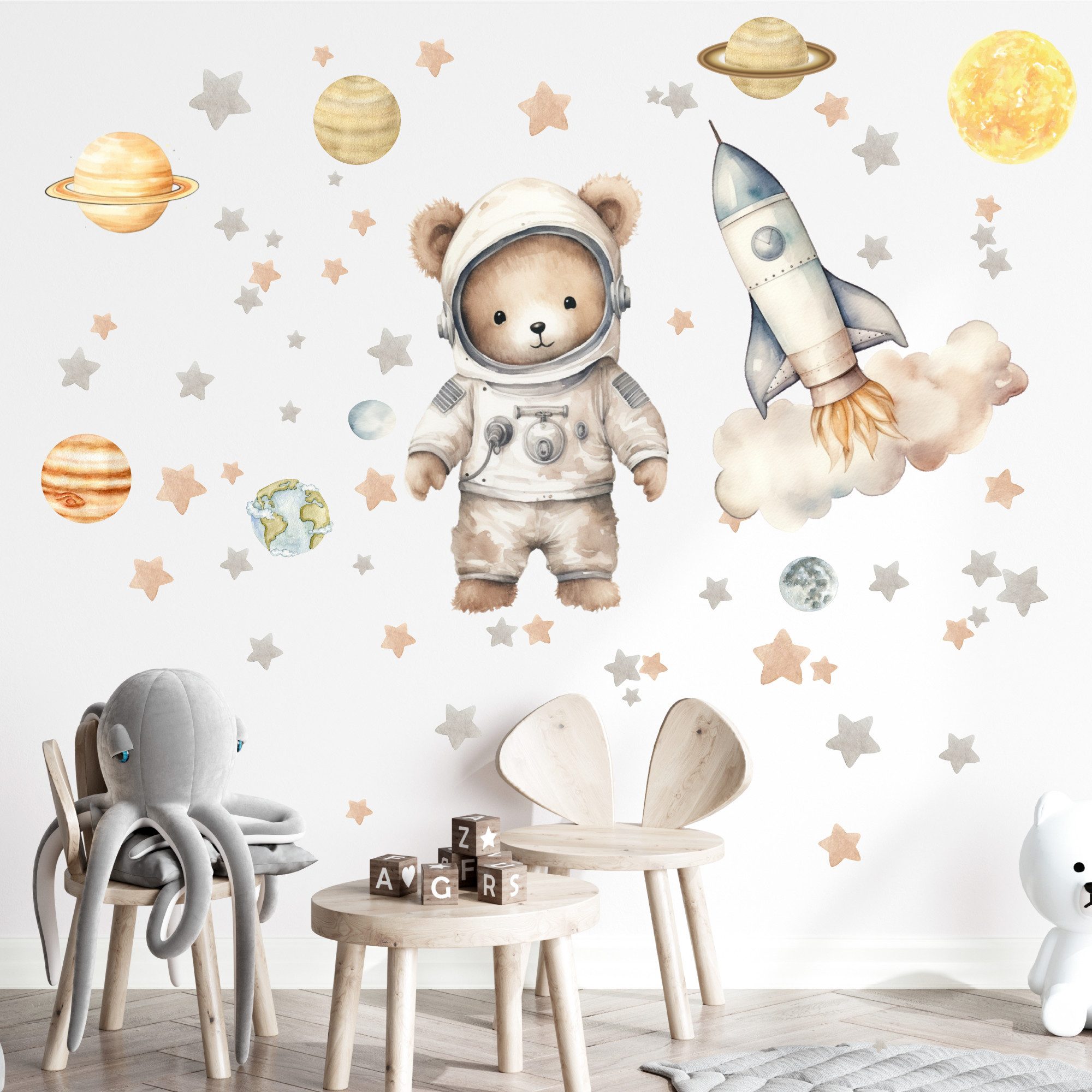 Olli&Elli.design Wandtattoo Weltraum Astronaut Teddy Bär mit Rakete und Planeten für Kinder, Rückstandslos abziehbar, Selbstklebend