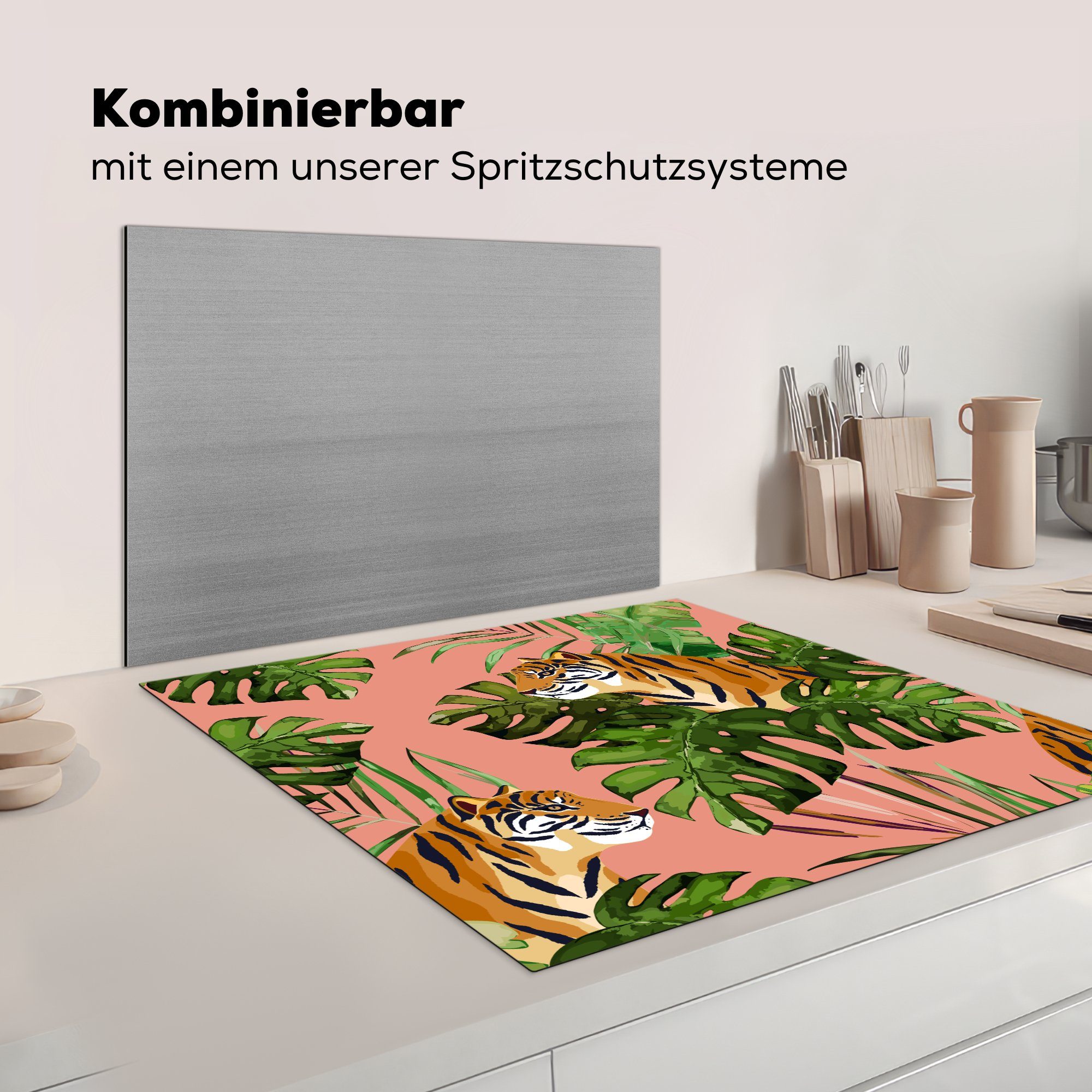 Botanisch, Monstera Ceranfeldabdeckung, küche - MuchoWow Arbeitsplatte (1 - Tiger cm, für tlg), Vinyl, 78x78 Herdblende-/Abdeckplatte