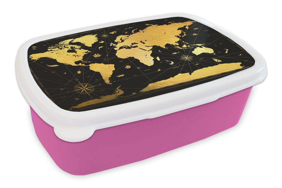 MuchoWow Lunchbox Weltkarte - Gold - Schwarz - Luxus, Kunststoff, (2-tlg), Brotbox für Erwachsene, Brotdose Kinder, Snackbox, Mädchen, Kunststoff rosa