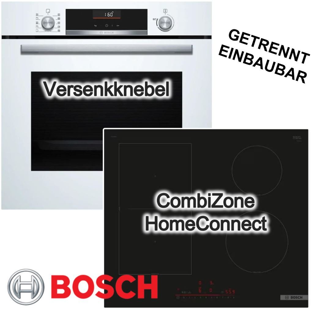 BOSCH Backofen-Set Versenkknebel 3D Heißluft Weiß + Induktionskochfeld HomeConnect, mit Nachrüstbar