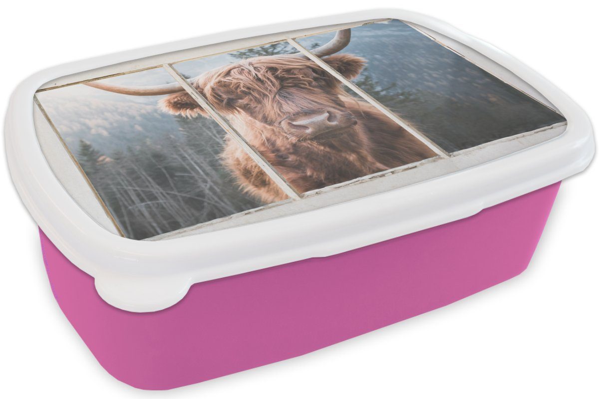 Brotdose Kunststoff Lunchbox Aussicht, rosa - für - Highlander Kinder, (2-tlg), Brotbox Snackbox, Erwachsene, MuchoWow Kunststoff, Mädchen, Berg