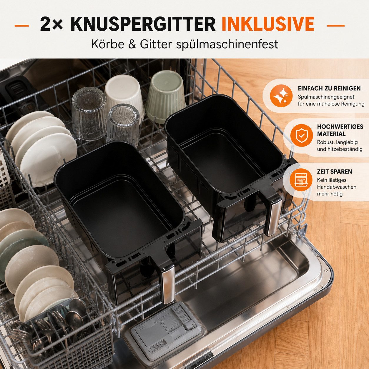 Ledklang Heißluftfritteuse 2 unabhängige Kammern 10L XXL Air fryer 13-in-1 Programm, 2200 W, 2 kammern übereinander, getrennter Temperatur Zeiteinstellung – Bild 3 von 5