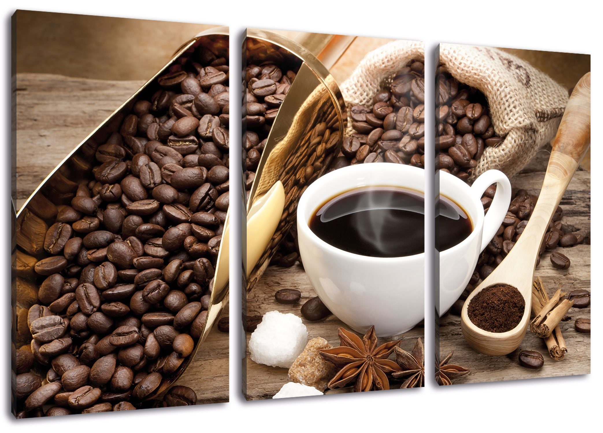 Pixxprint Leinwandbild Edler Kaffee und Kaffeebohnen, Edler Kaffee und Kaffeebohnen 3Teiler (120x80cm) (1 St), Leinwandbild fertig bespannt, inkl. Zackenaufhänger