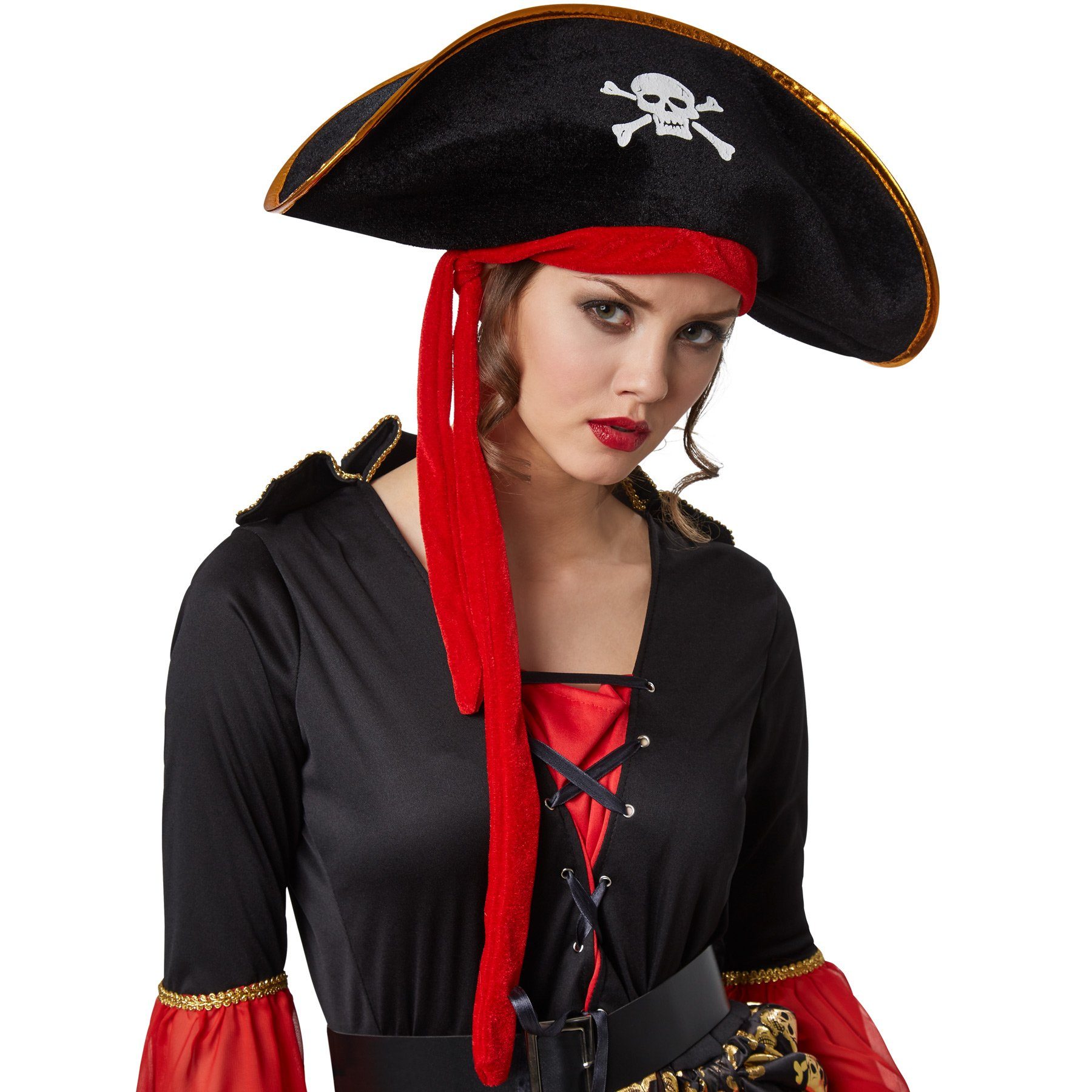 dressforfun Piraten-Kostüm Frauenkostüm Piratenkönigin, Kleid im Vokuhila-Stil mit abgesetztem Totenkopfmuster