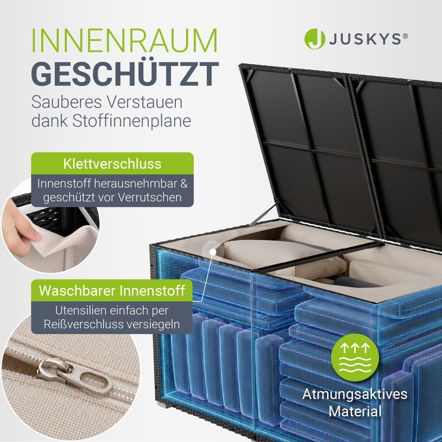 Juskys Auflagenbox Ikaria, aus Polyrattan, mit Deckel, Hubautomatik und Innenplane