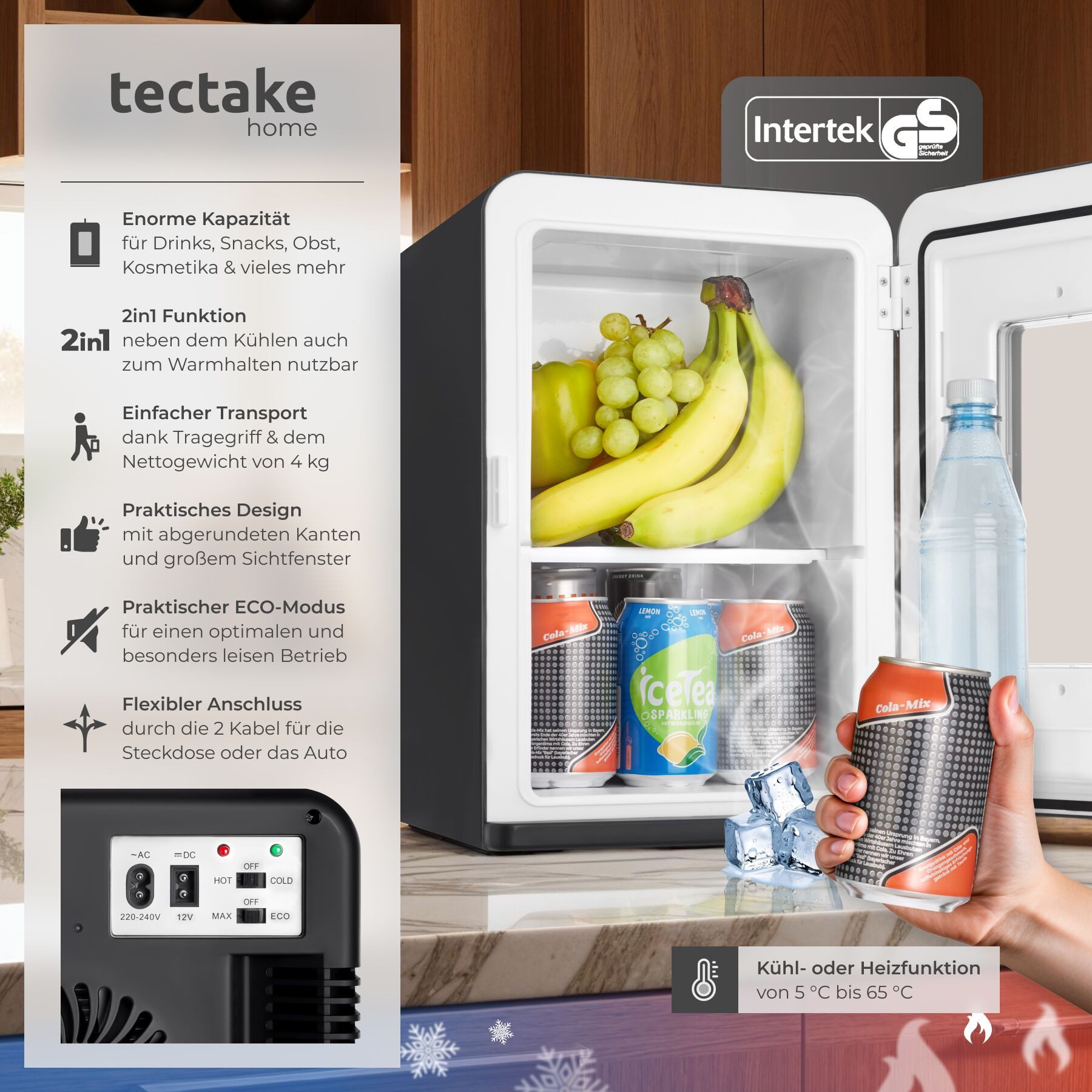 tectake Kühlbox Tragbarer 2 in 1 Mini-Kühlschrank, 27 x 31 x 41 cm, 14 l, leicht und leise, mit ECO-Modus und AC- und DC-Kabel – Bild 2 von 5
