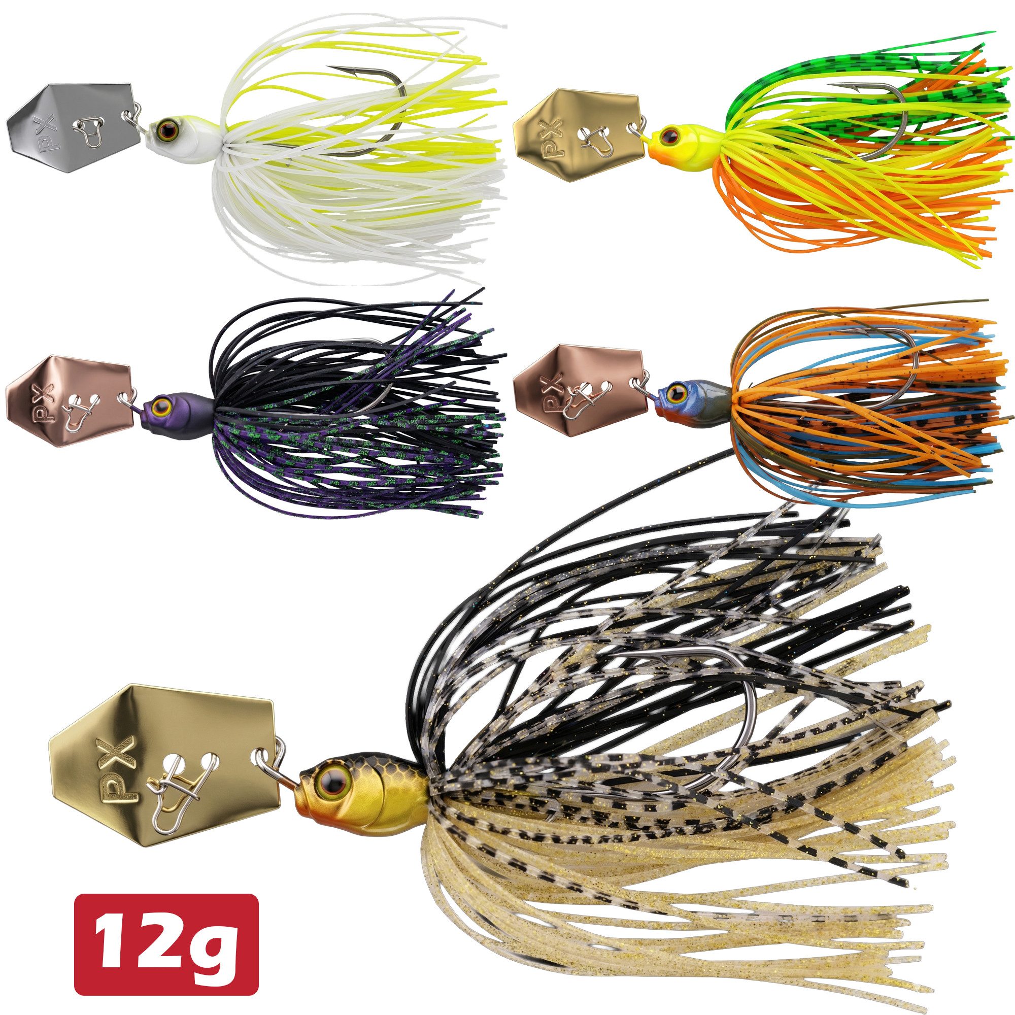 Paradox Fishing Kunstköder Vibra PX Chatterbait mit 3/0 Jighaken 12g und 18g, (5er-Set, Vibra PX Chatterbait), UV-aktiv