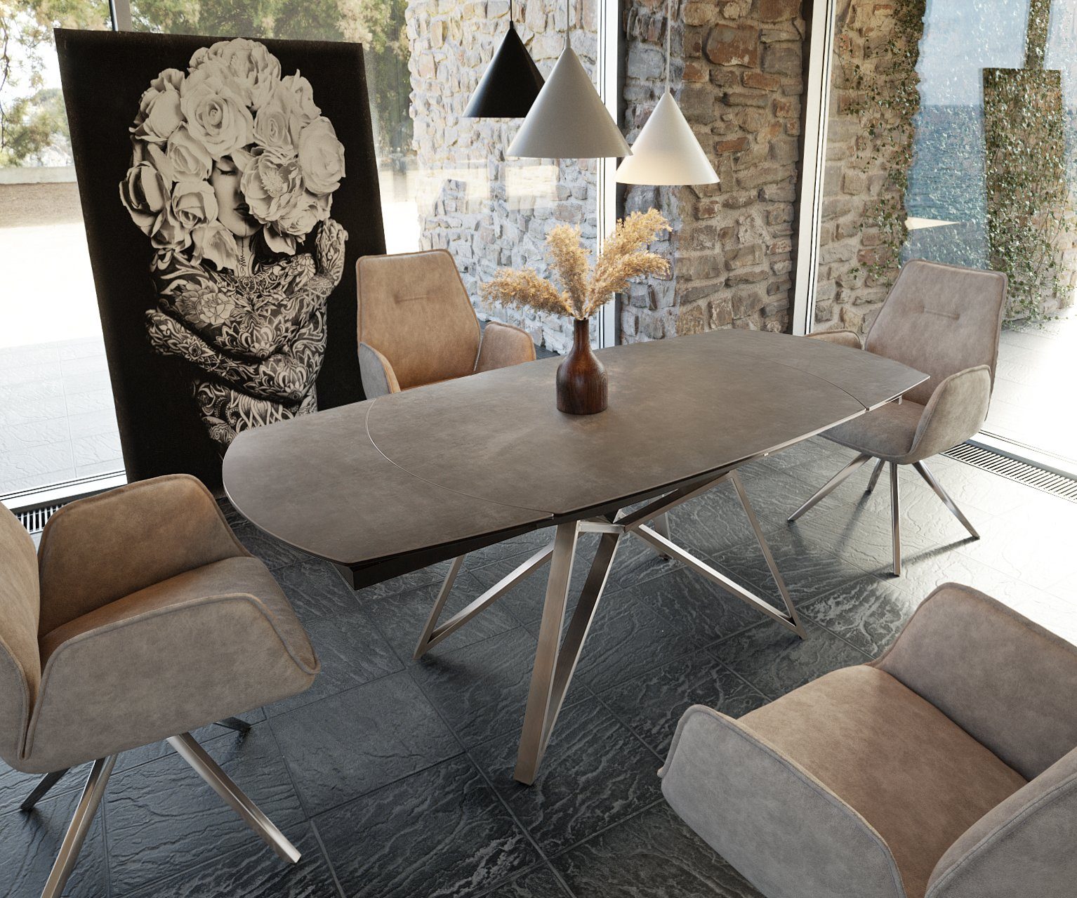 DELIFE Esstisch Carlow, Braun Keramik 130/200x95x76cm günstig online kaufen