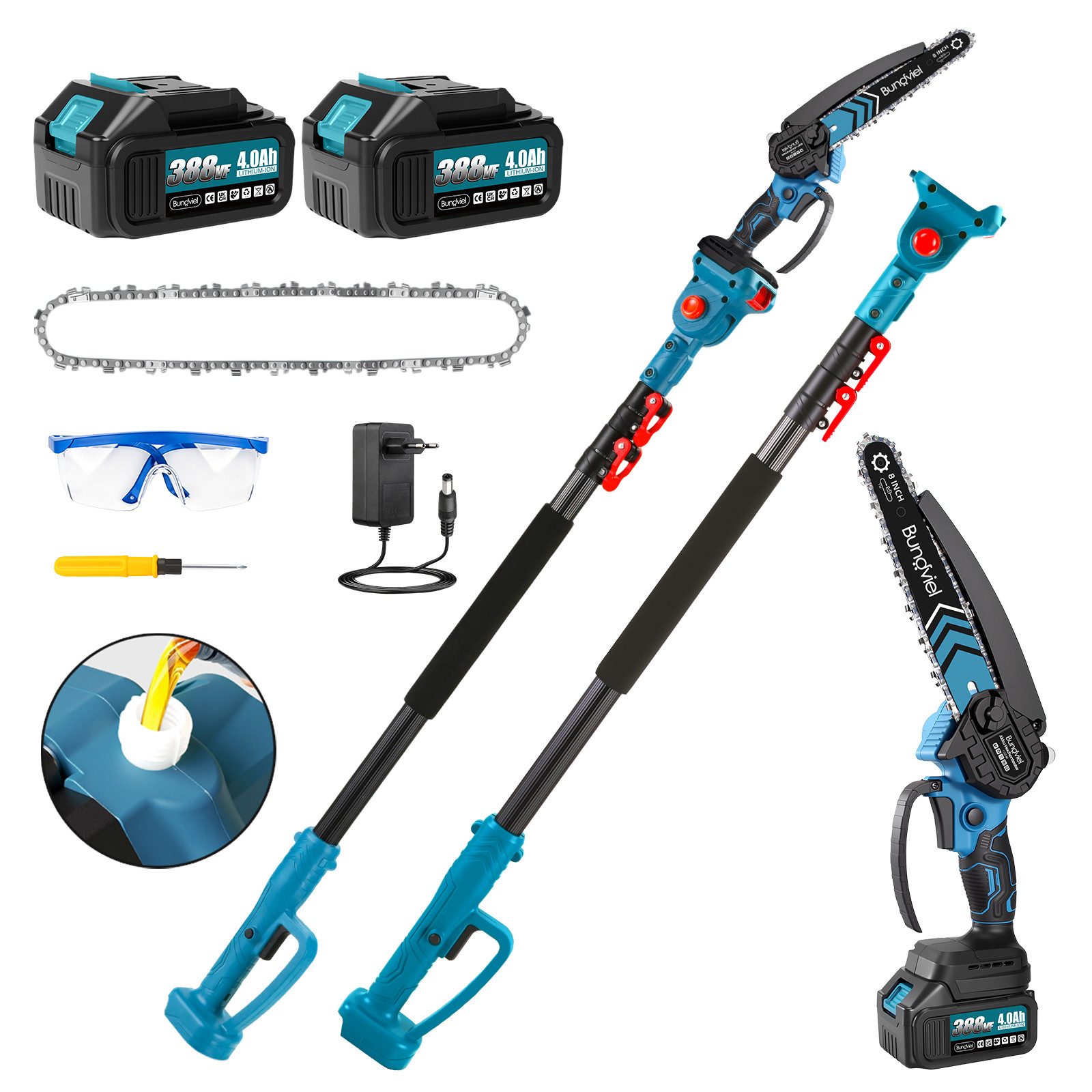 Bundviel Akku-Hochentaster 4-in-1 Bürstenloser Elektro Teleskop Hochentaster Astsäge Gartenschere, bis 235,5 m Arbeitshöhe, mit 2× 4000mAh Akku