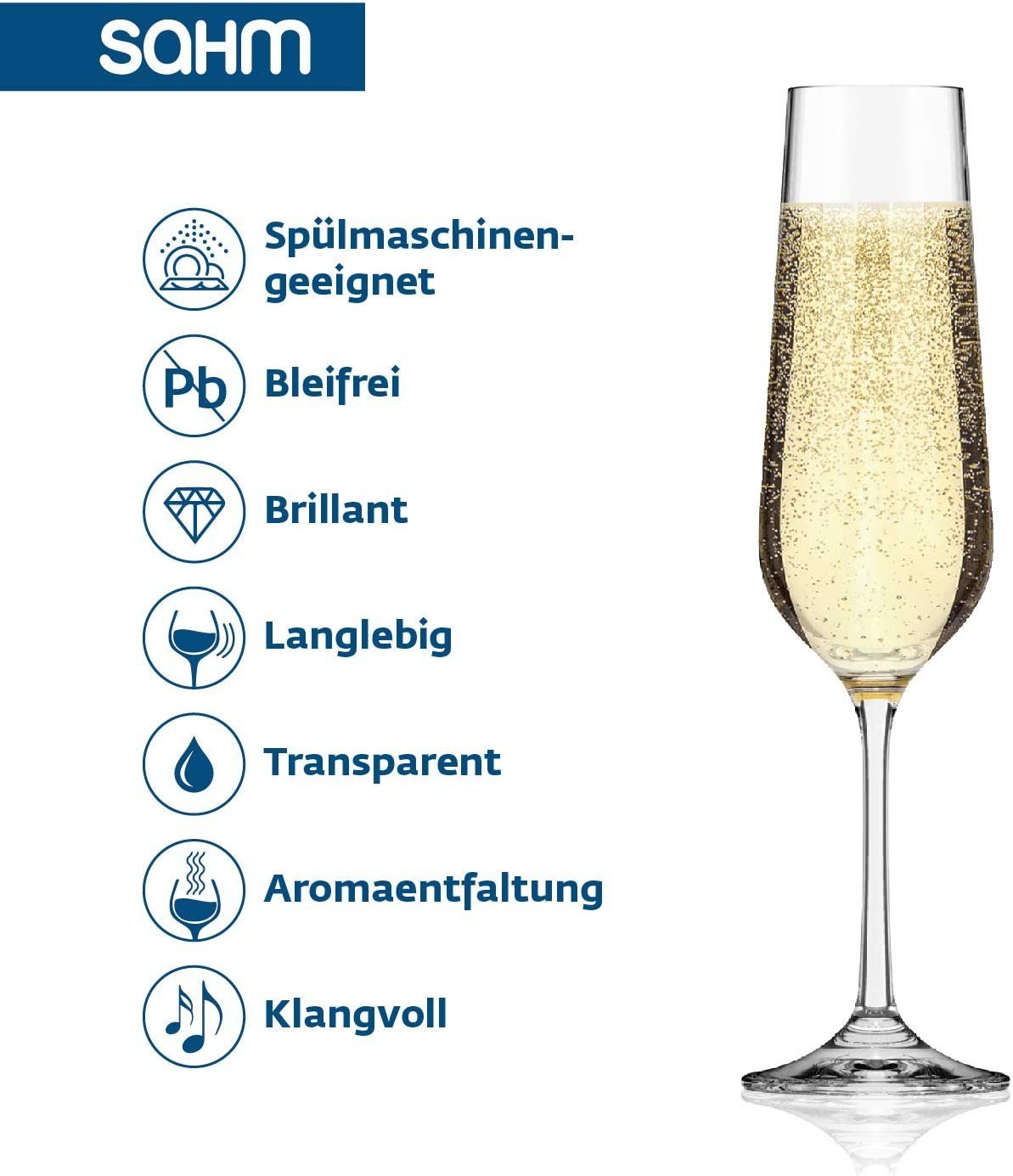 SAHM Sektglas Sektgläser Set 6 teilig - 200ml Sektglas oder Sektkelche, Edles Glas, 100% recyclebar