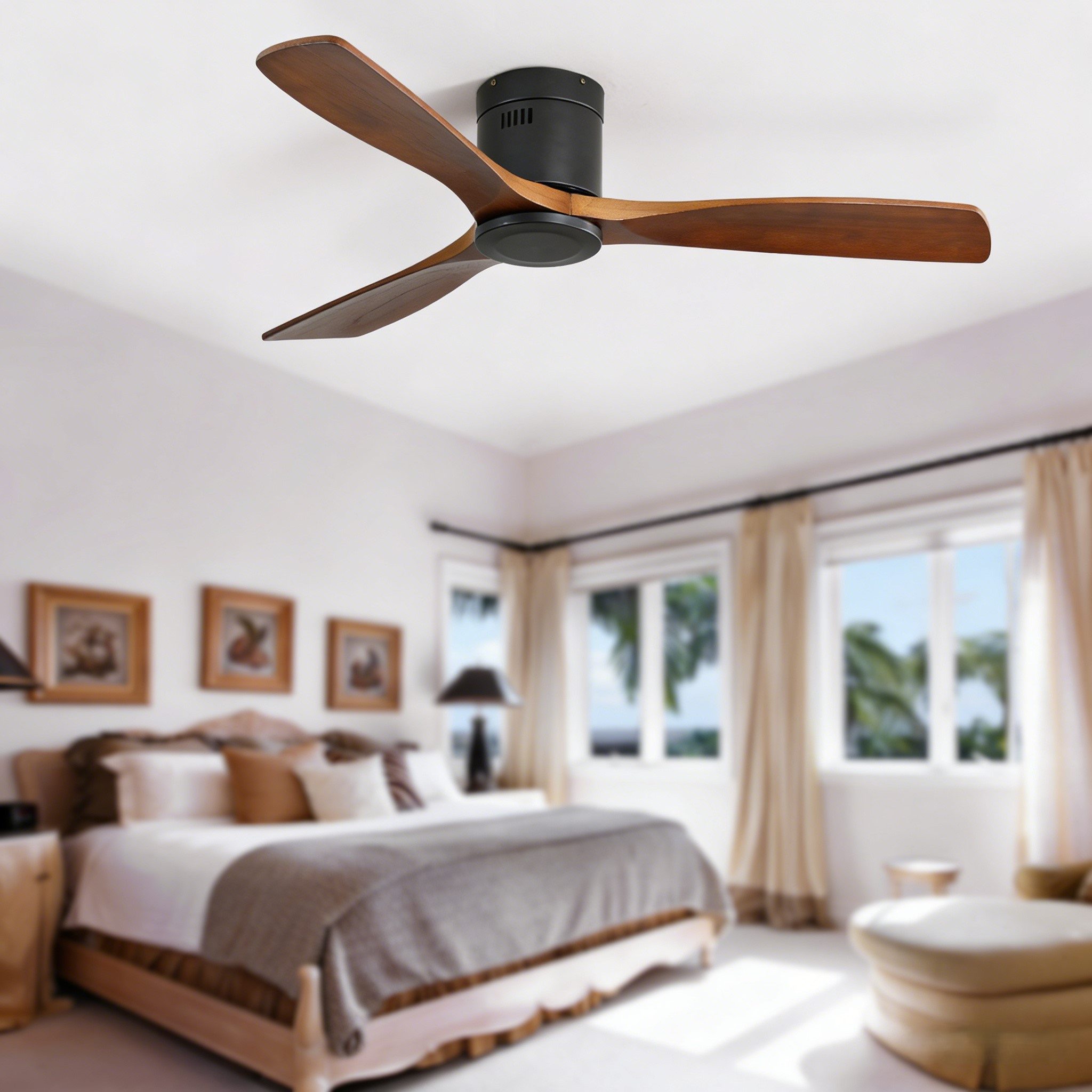 Rolipo Deckenventilator 3 Holzflügel, Leiser DC Motor, Fernbedienung, Vor-/Rücklauf, 52", leise, 6 Geschwindigkeitsstufen, Sommer-/Wintermodus, 132cm