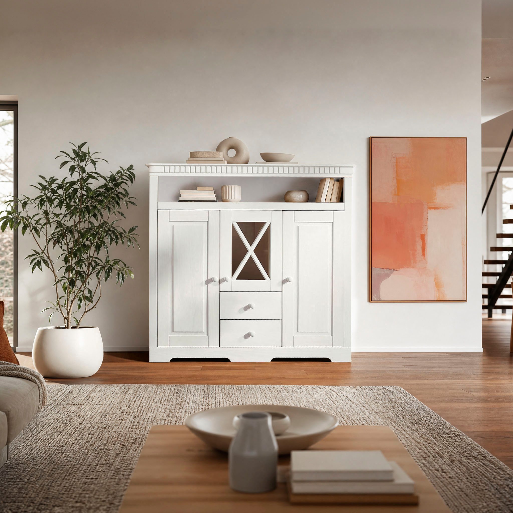 OTTO home Highboard Lisa, Stauraumschrank aus massivem Kiefernholz, mit dekorativen Fräsungen