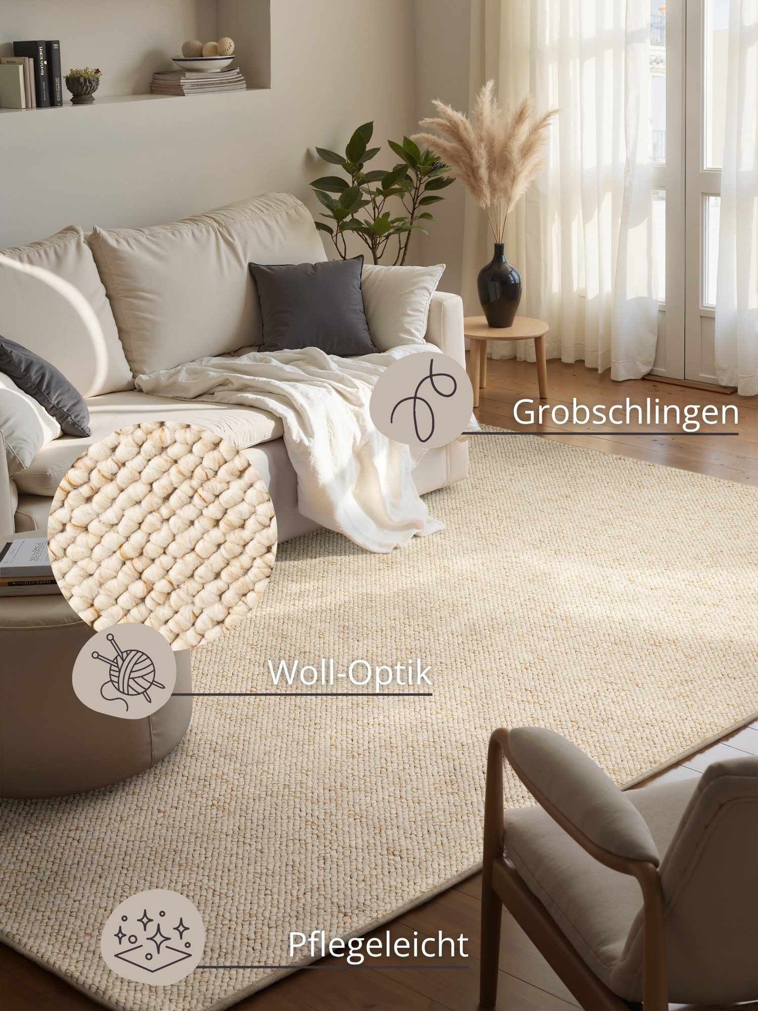 HANSE Home Teppich Wolly 2, rechteckig, Höhe: 12 mm, Flachgewebe, Läufer, Skandi, Woll-Optik, Esszimmer, Wohnzimmer, Flur