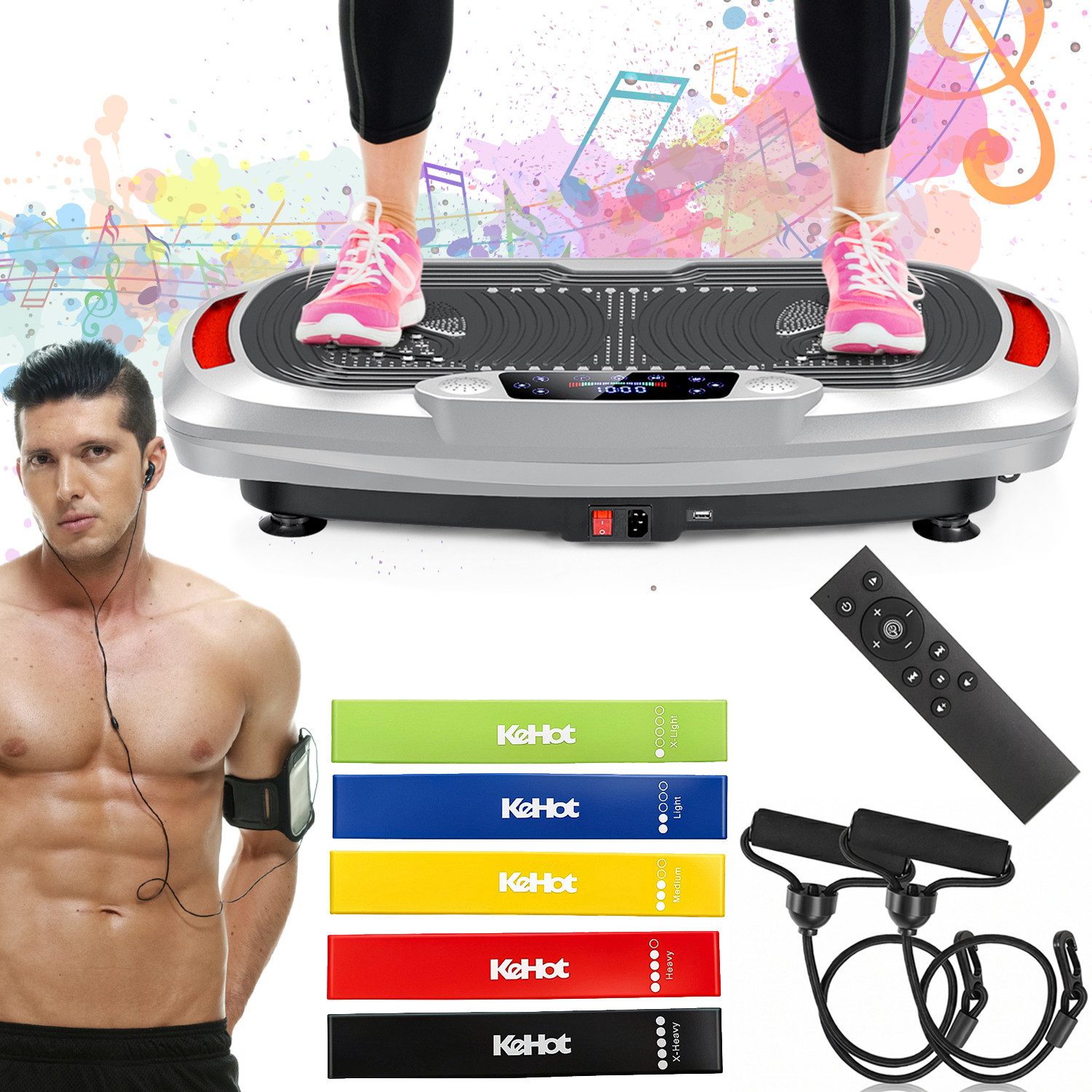 kehot Vibrationsplatte 4D Vibrationsplatte mit 3 Motoren–Profi Ganzkörpertraining für zuhause, 300 W, 120 Intensitätsstufen, (5 Programme, Bluetooth-Musik & Magnet-Massage, Einfache Bedienung), inkl. Trainingsbänder, Fernbedienung für effektives Heimtrain