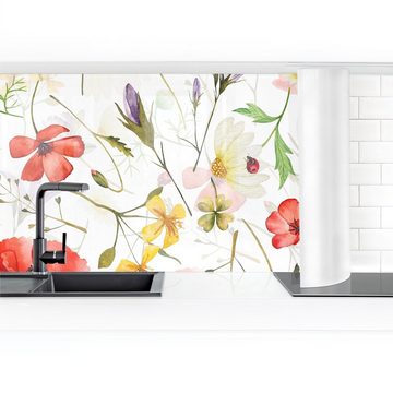 Bilderdepot24 Küchenrückwand rot dekor Aquarell Muster Blumen Marienkäfer mit Mohn als Aquarell, (1-tlg., Nischenrückwand - für Fliesenspiegel ohne Bohren - matt), Spritzschutz Rückwand Küche Herd - Folie selbstklebend versch. Größen