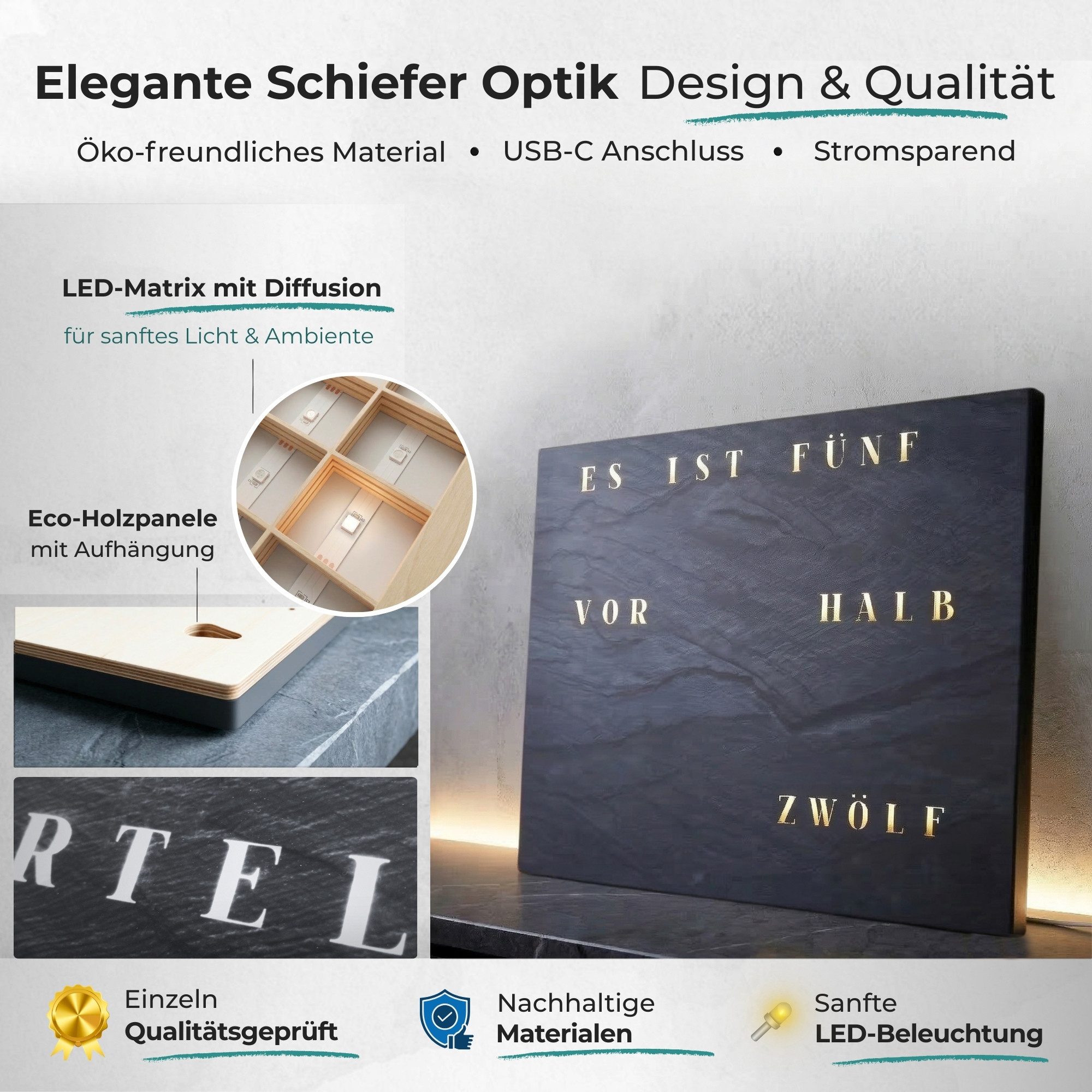 build-yours.de Wanduhr WordClock Jupiter Schiefer Optik - Wortuhr in Deutsch - LED Wanduhr