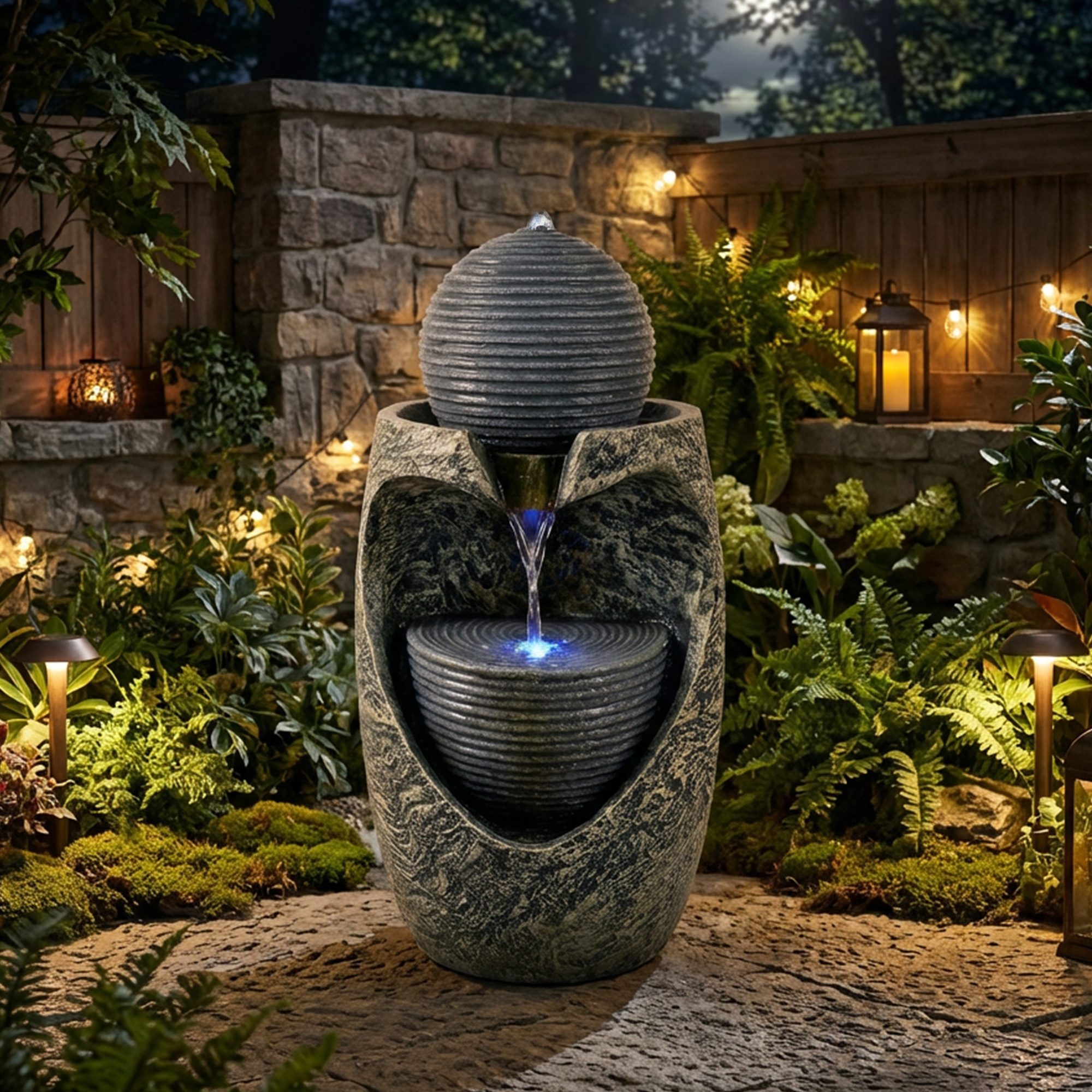 Köhko Gartenbrunnen „Steinquell Aura“ mit LED –Moderner Gartenbrunnen in Natursteinoptik – Bild 4 von 5