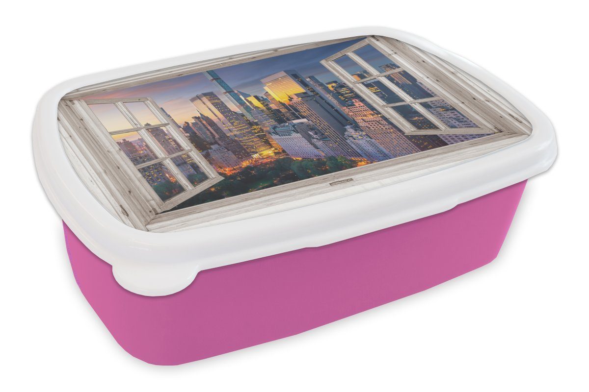 MuchoWow Lunchbox Ansicht - New York - Skyline, Kunststoff, (2-tlg), Brotbox für Erwachsene, Brotdose Kinder, Snackbox, Mädchen, Kunststoff rosa