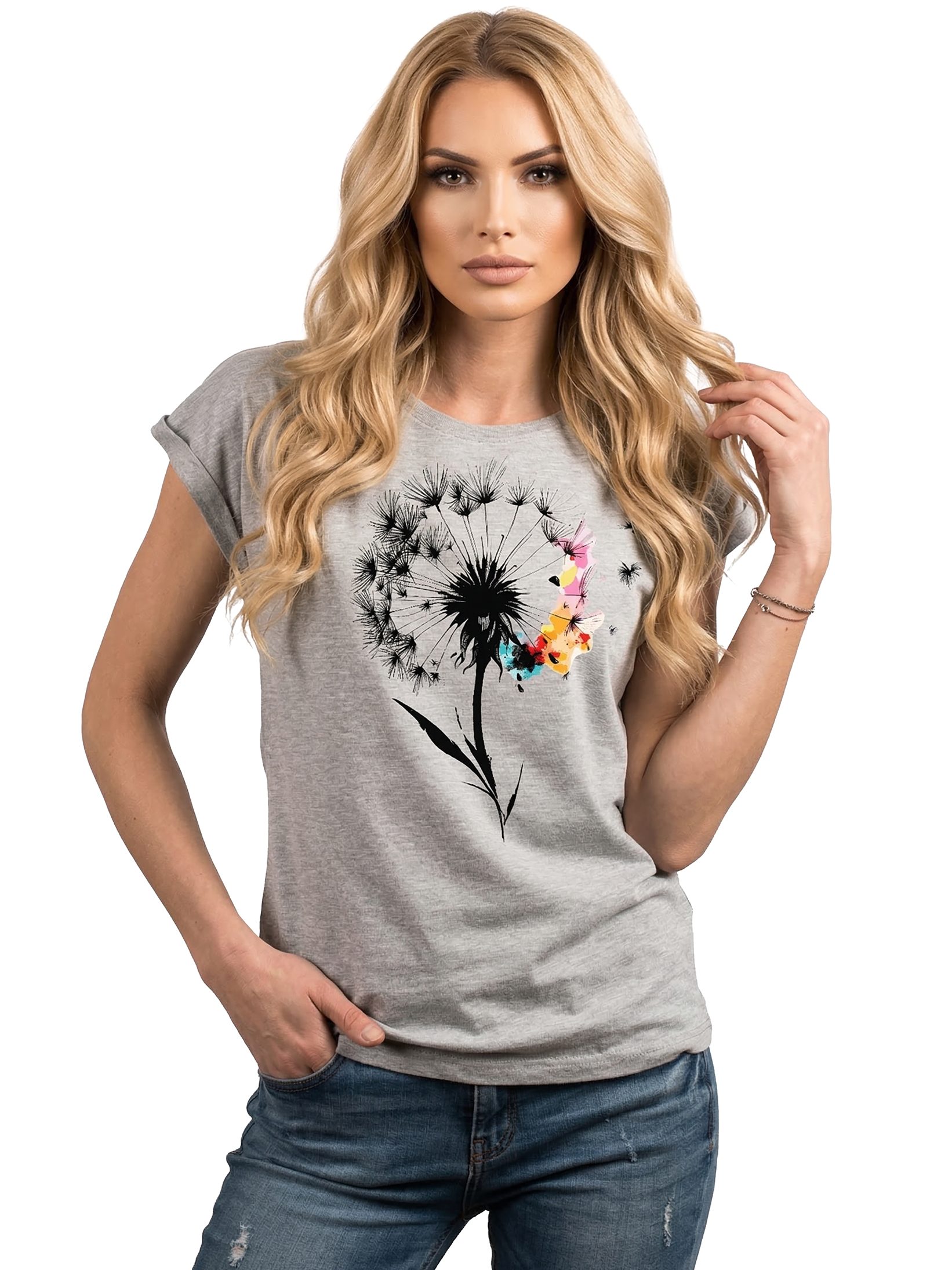 MAKAYA T-Shirt Damen-Top mit Pusteblumen-Print – florales Sommer-Shirt aus Baumwolle (Weiß, Rosa, Hellgrau, 34, 36, 38, 40, 42, 44, 46, 48, 50) Baumwolle