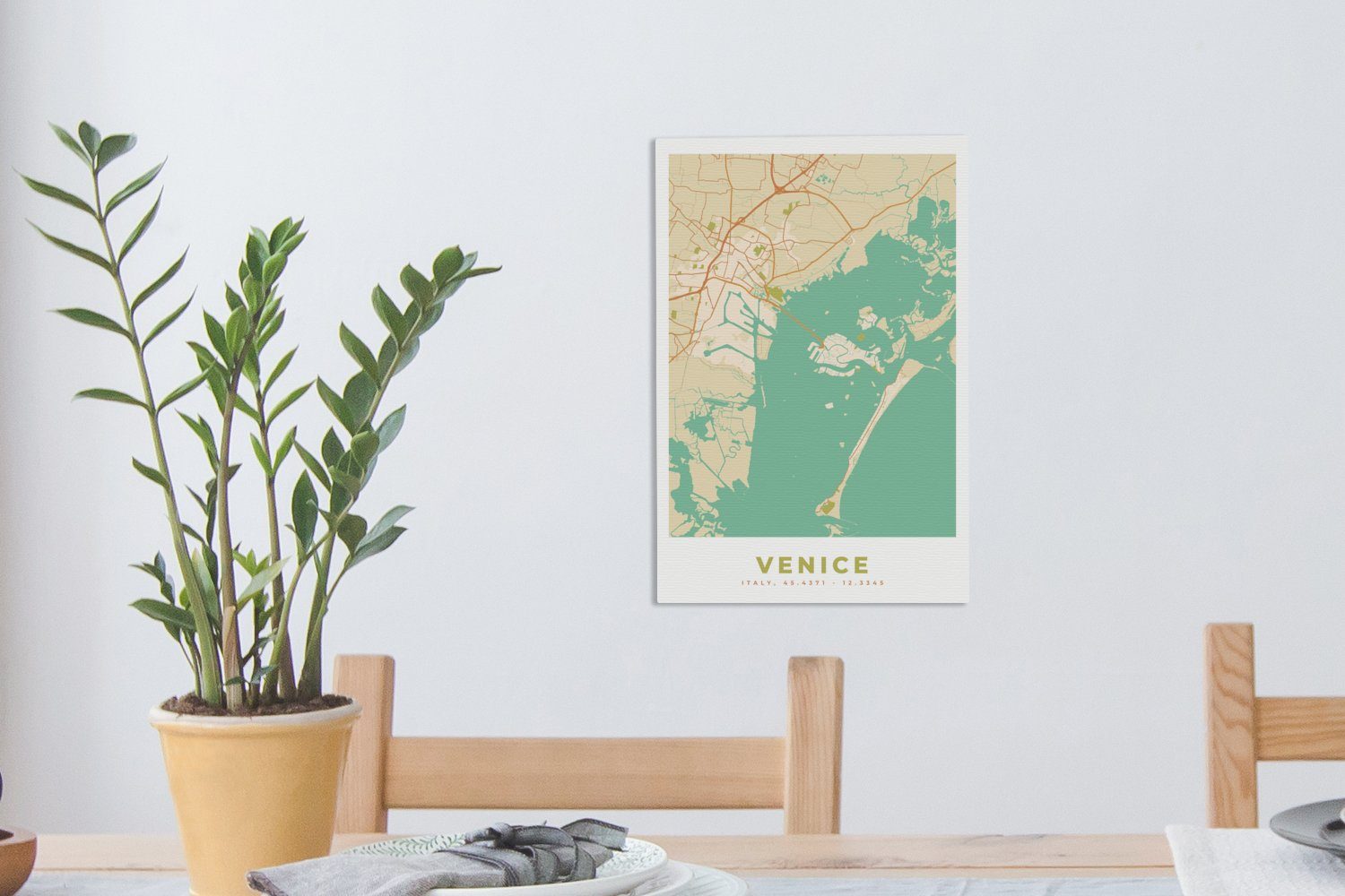 Venedig Vintage, Zackenaufhänger, 20x30 inkl. bespannt (1 fertig Karte - OneMillionCanvasses® Leinwandbild Stadtplan cm Leinwandbild - - Gemälde, St),