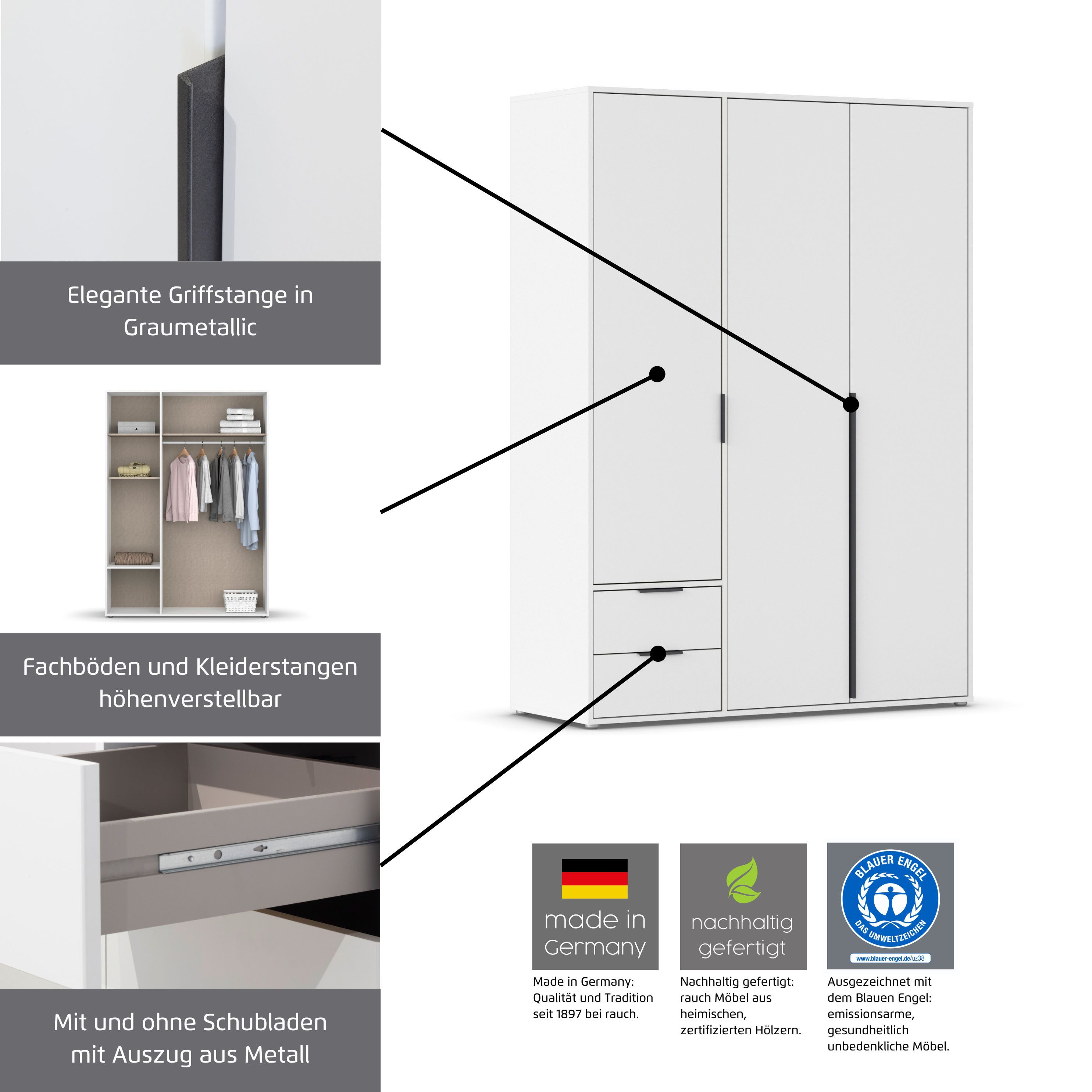 rauch Drehtürenschrank Kleiderschrank Schrank Garderobe Wäscheschrank NAGATA viel Stauraum (in 3 verschiedenen Ausstattungen BASIC/CLASSIC/PREMIUM) mit modernen Stangengriffen in Graumetallic TOPSELLER MADE IN GERMANY