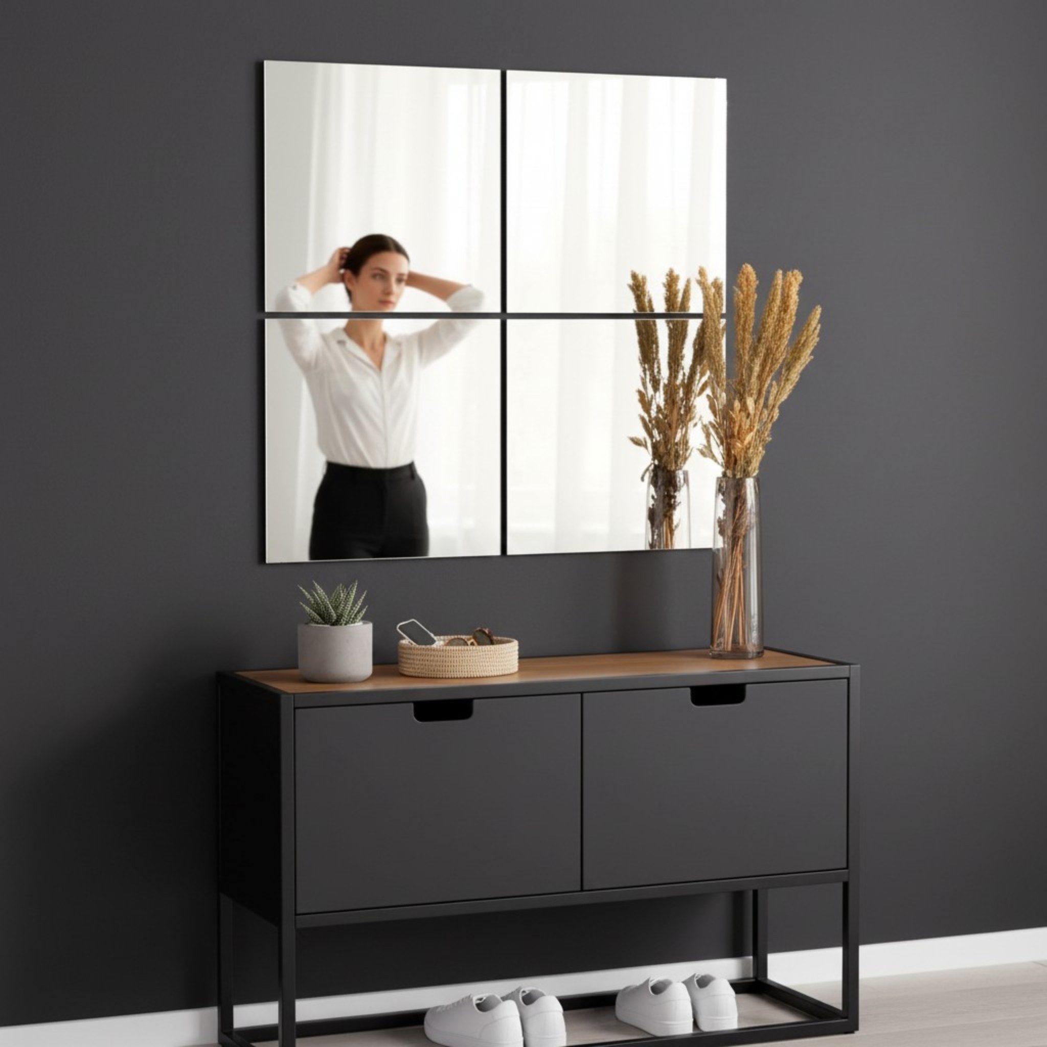 Meinposten Wandspiegel Spiegel 4er Set Spiegelfliesen SELBSTKLEBEND 30x30 cm (Spar-Set, 4-St., 4er Set)