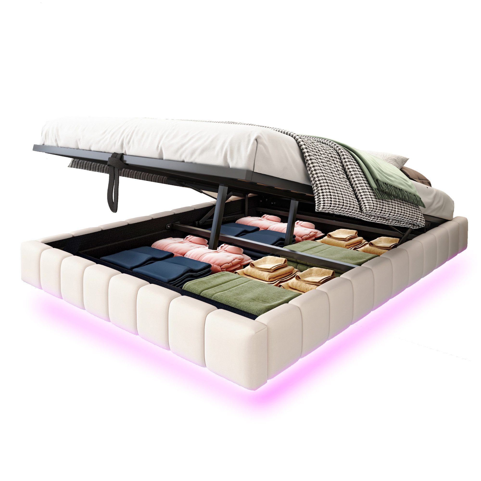 Odikalo Stauraumbett Polsterbett Hydraulisch Schwebebett LED Leinen Beige/G günstig online kaufen