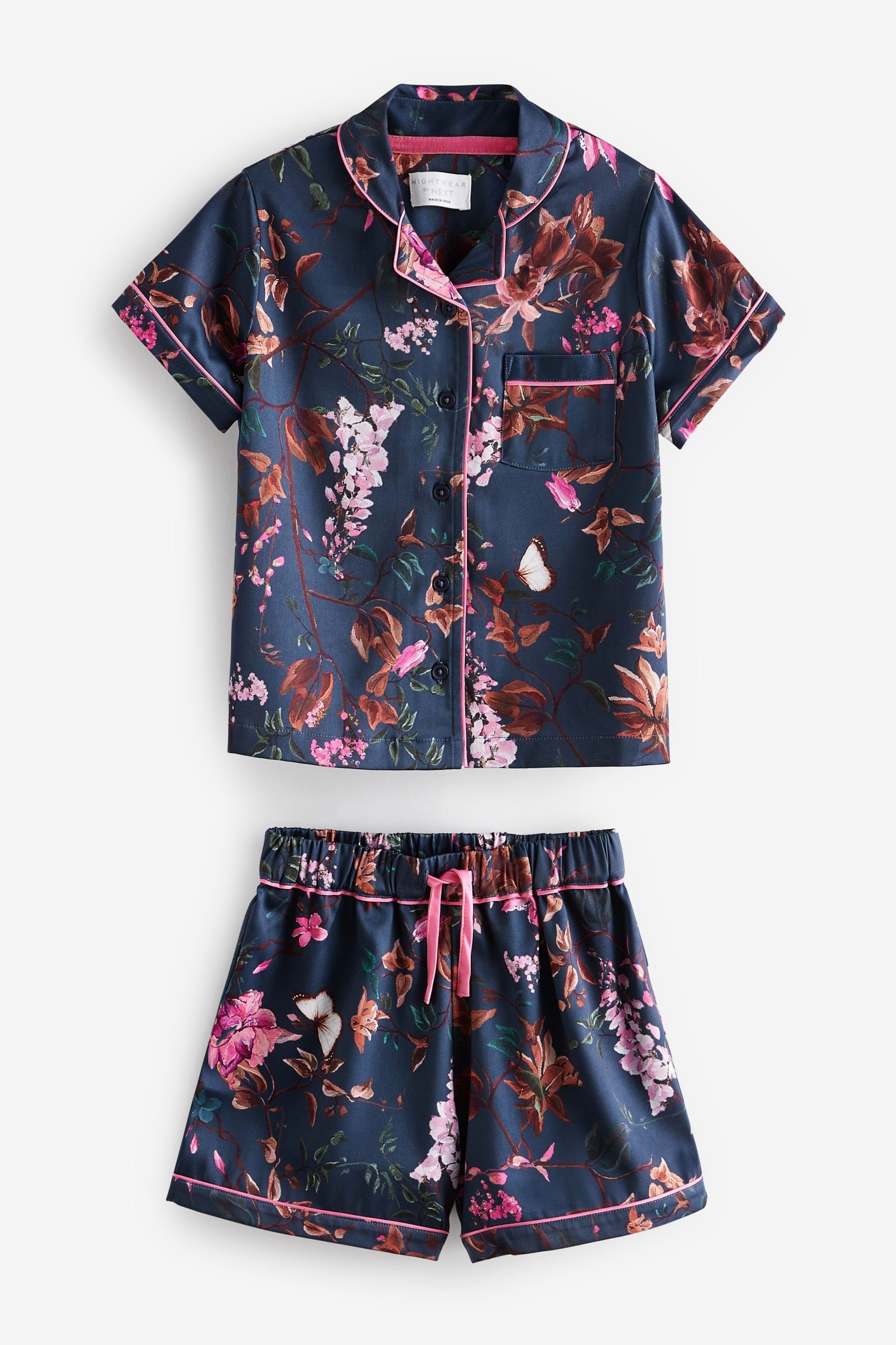 Next Pyjama Kurzer, durchgeknöpfter Satinpyjama (2 tlg) Navy Floral