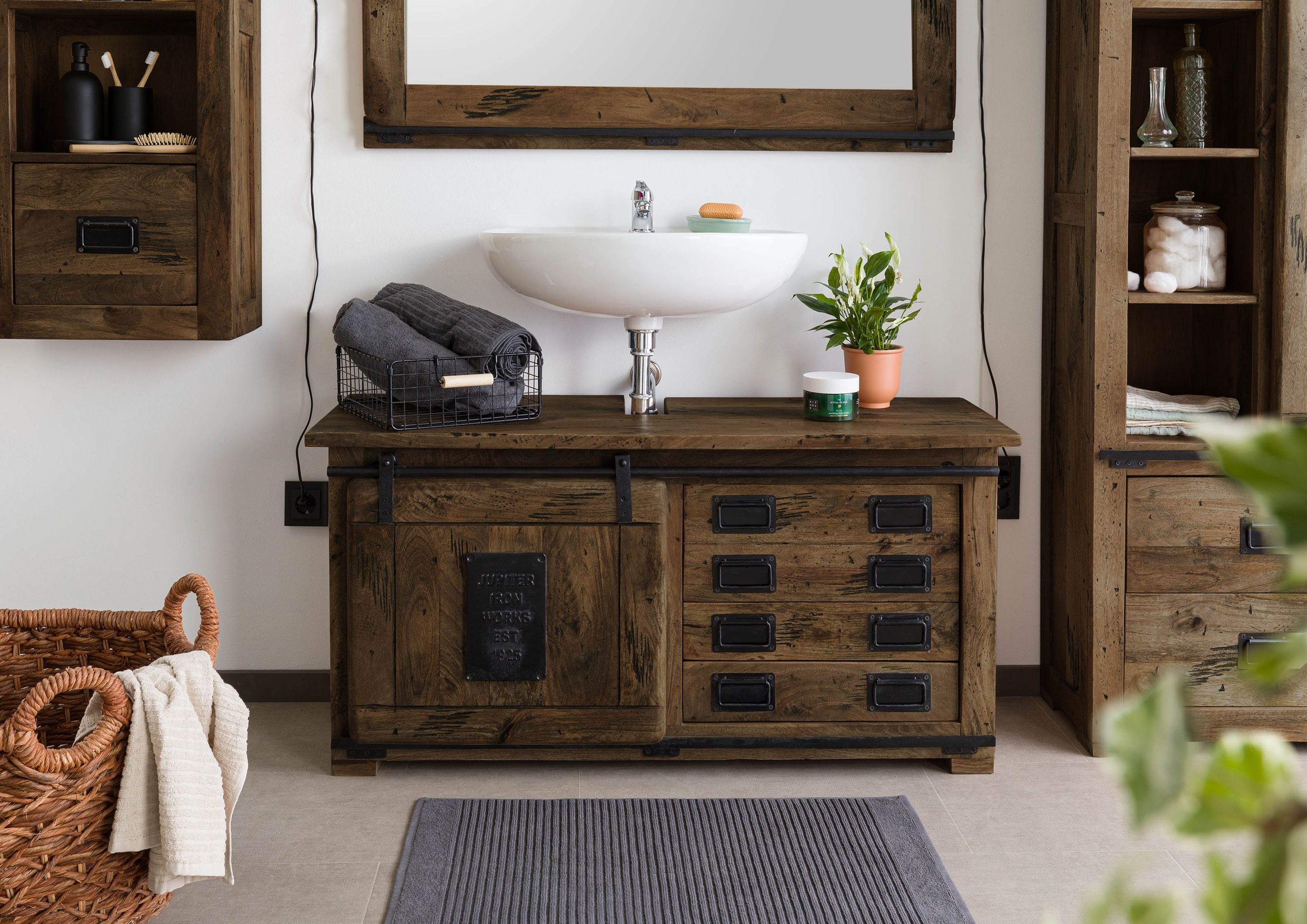 Massivmoebel24 Waschbeckenunterschrank RAILWAY (Mango 120x40x60 braun lackiert RAILWAY #477) Mango 120x40x60 braun lackiert RAILWAY #477